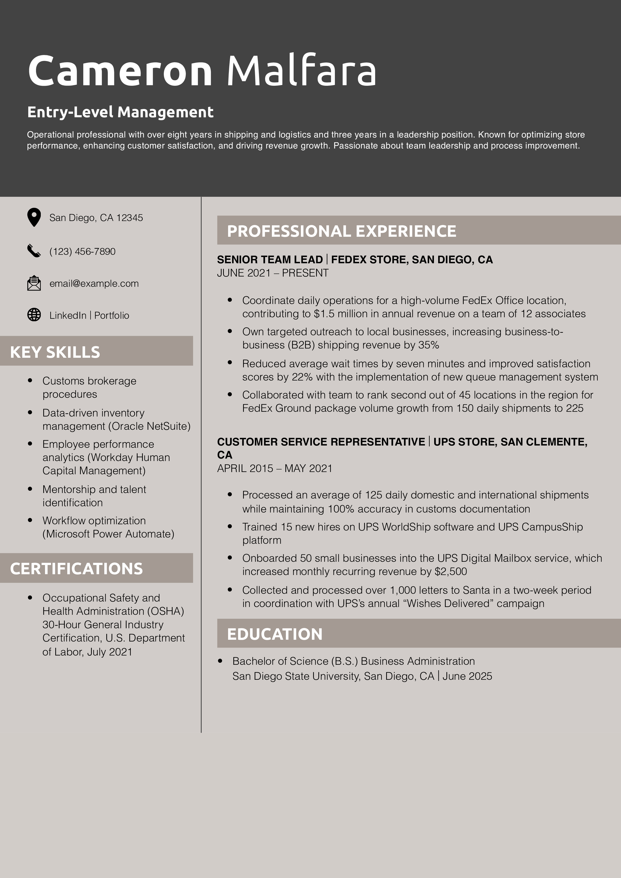 Entry-Level Management Resume Example