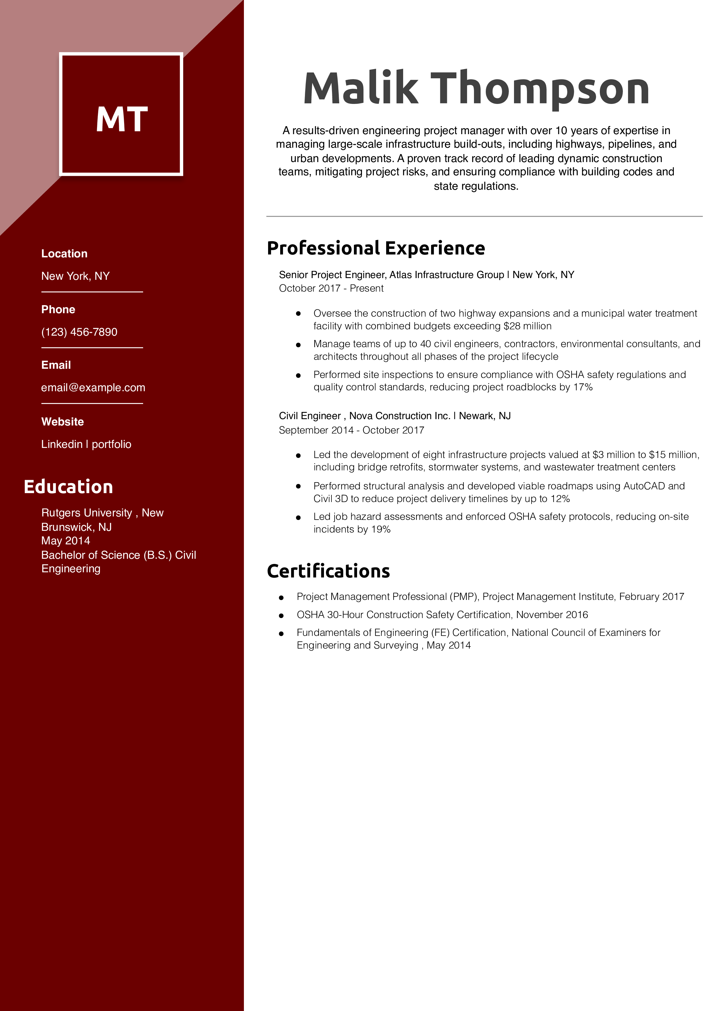 Engineering Project Manager Resume Example