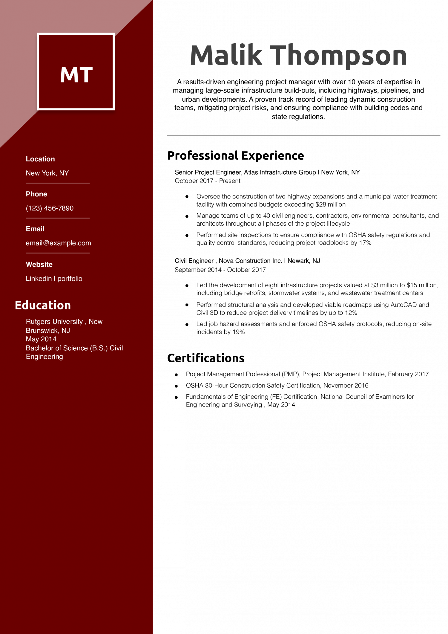 Engineering Project Manager Resume Example
