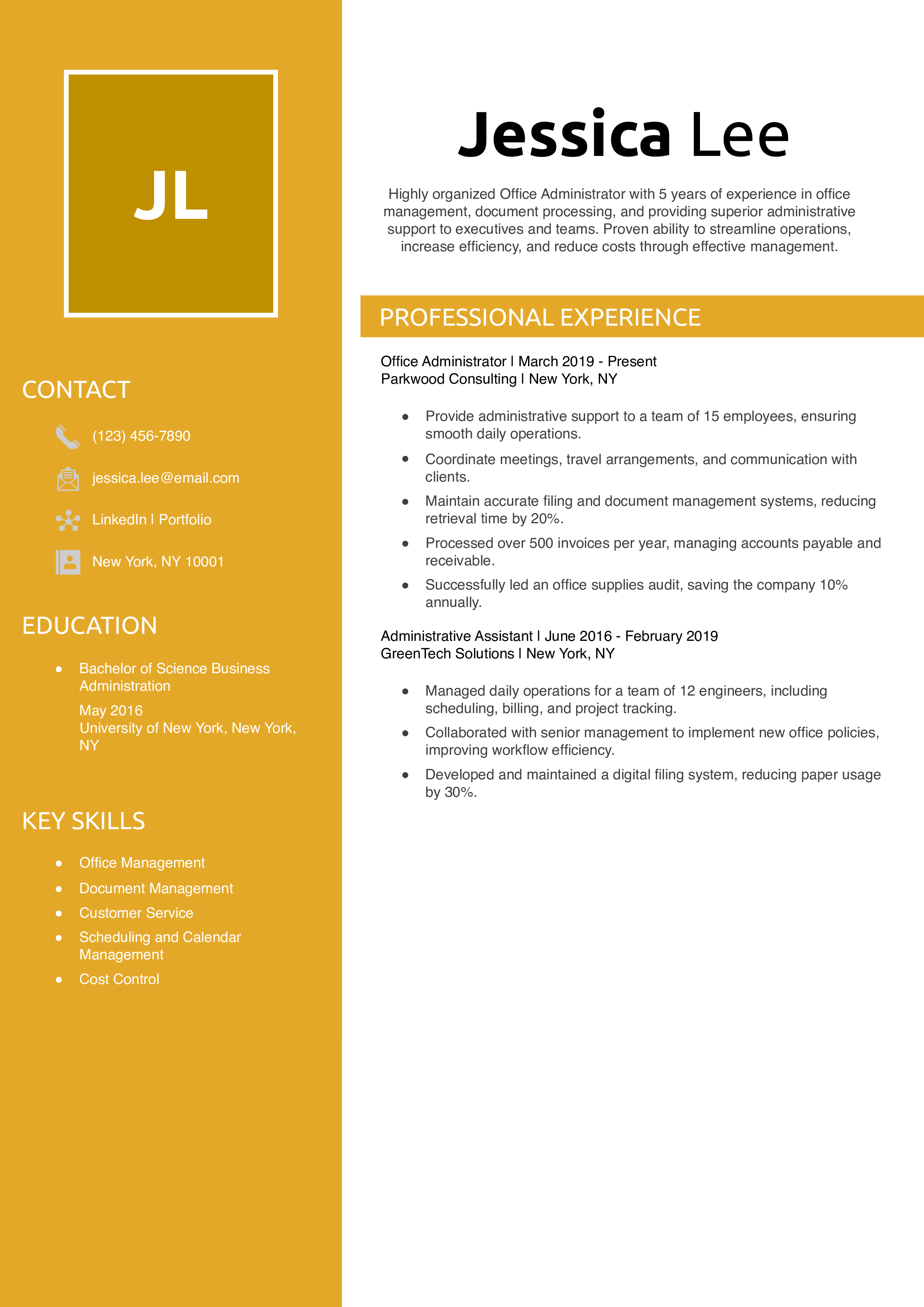 Office Administrator Resume Example