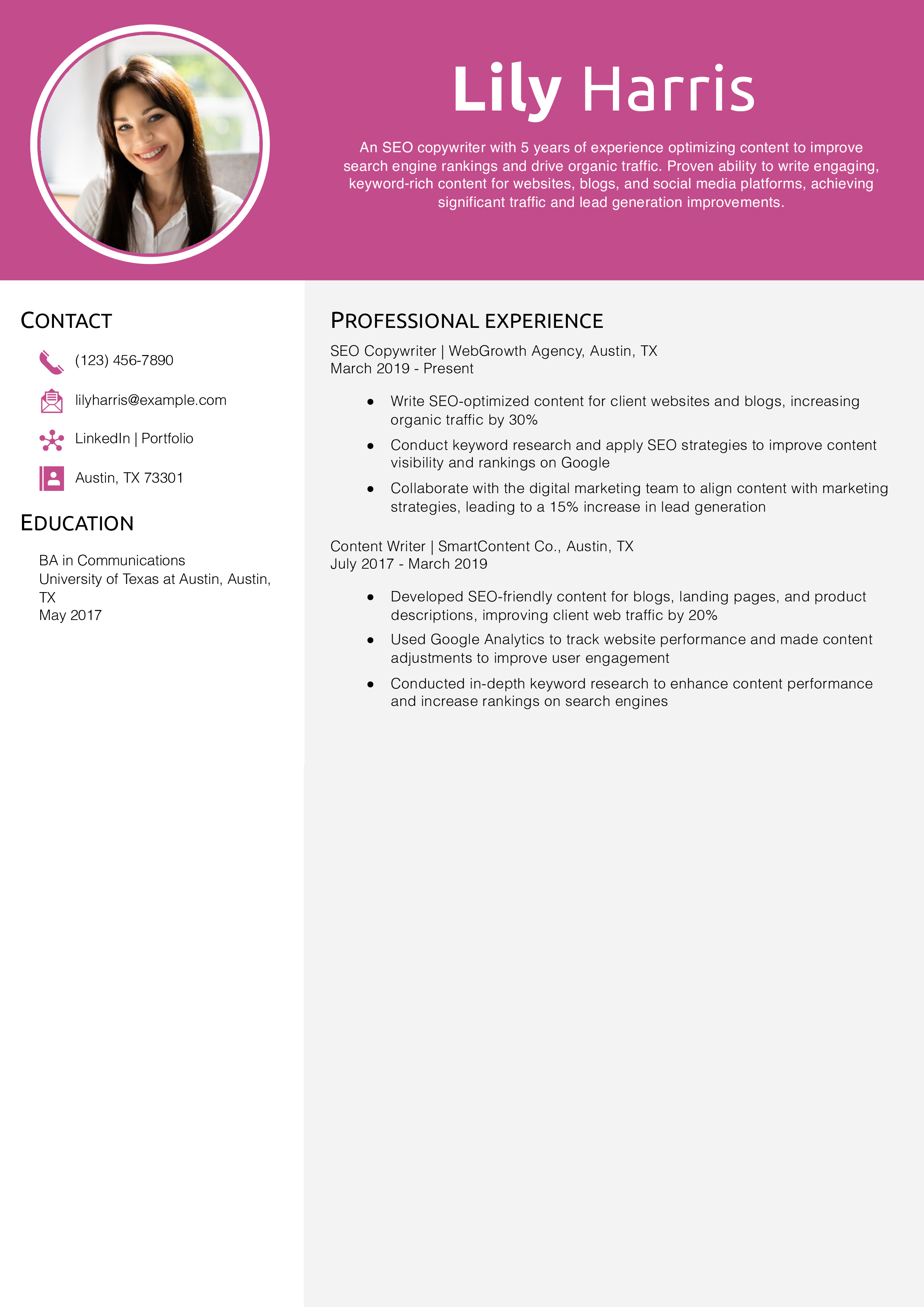 SEO Content Strategist Resume Example