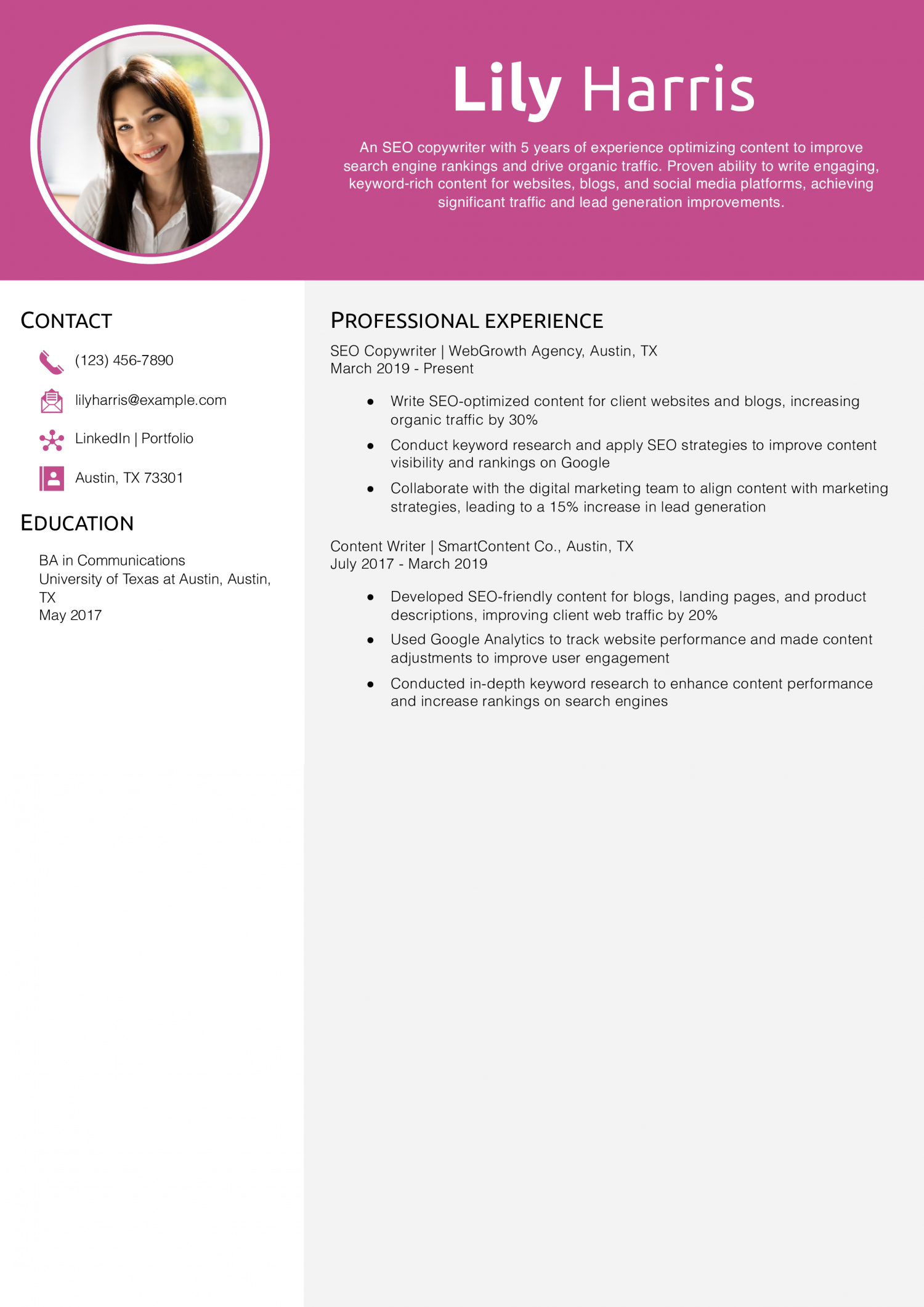 SEO Content Strategist Resume Example