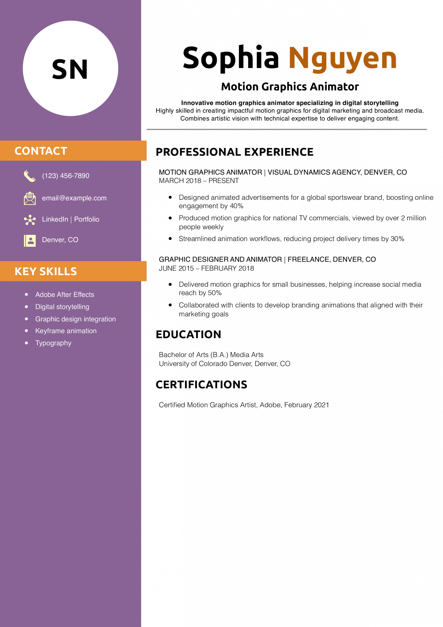 Motion Graphics Animator Resume Example