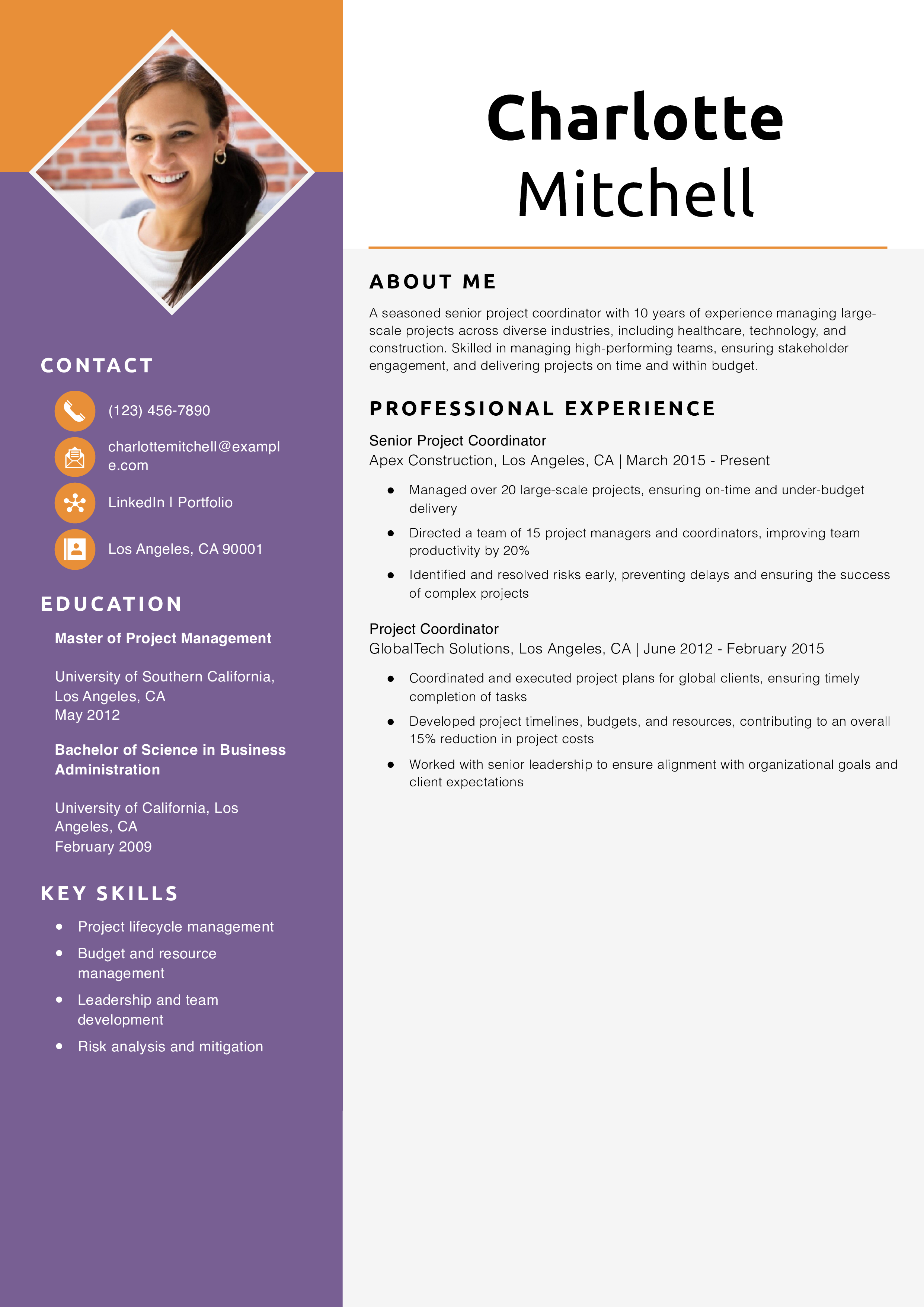 Senior Project Coordinator Resume Example
