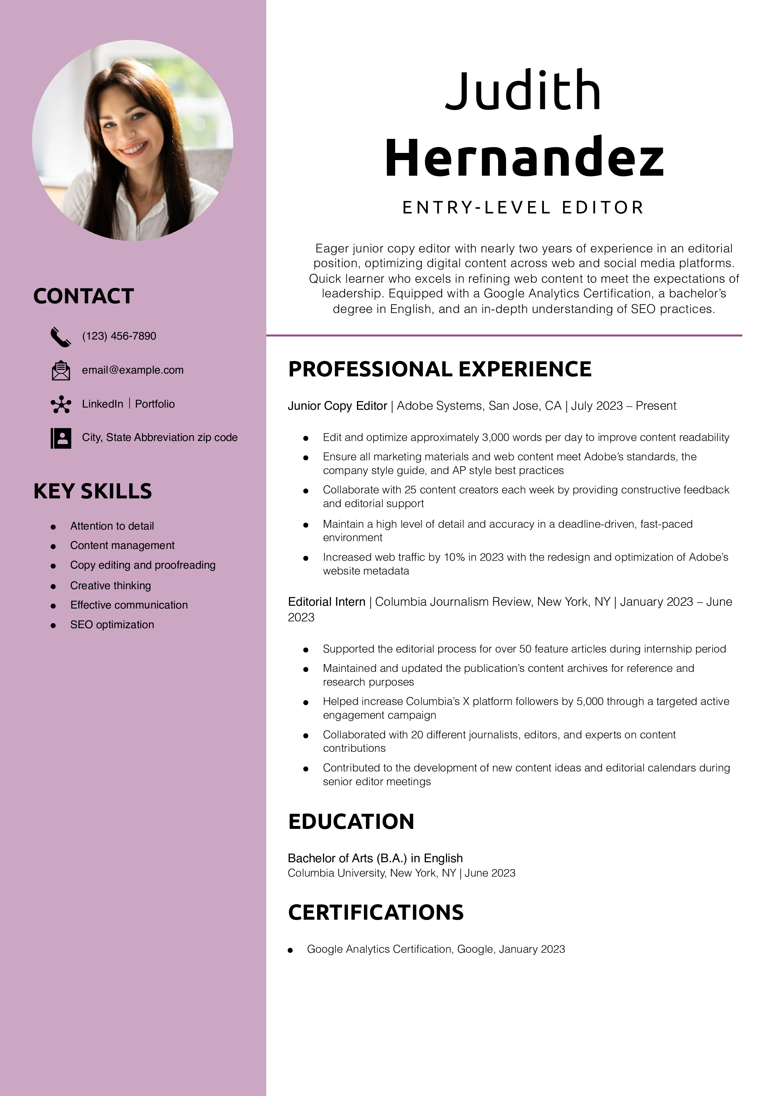 Entry-Level Editor Resume Example