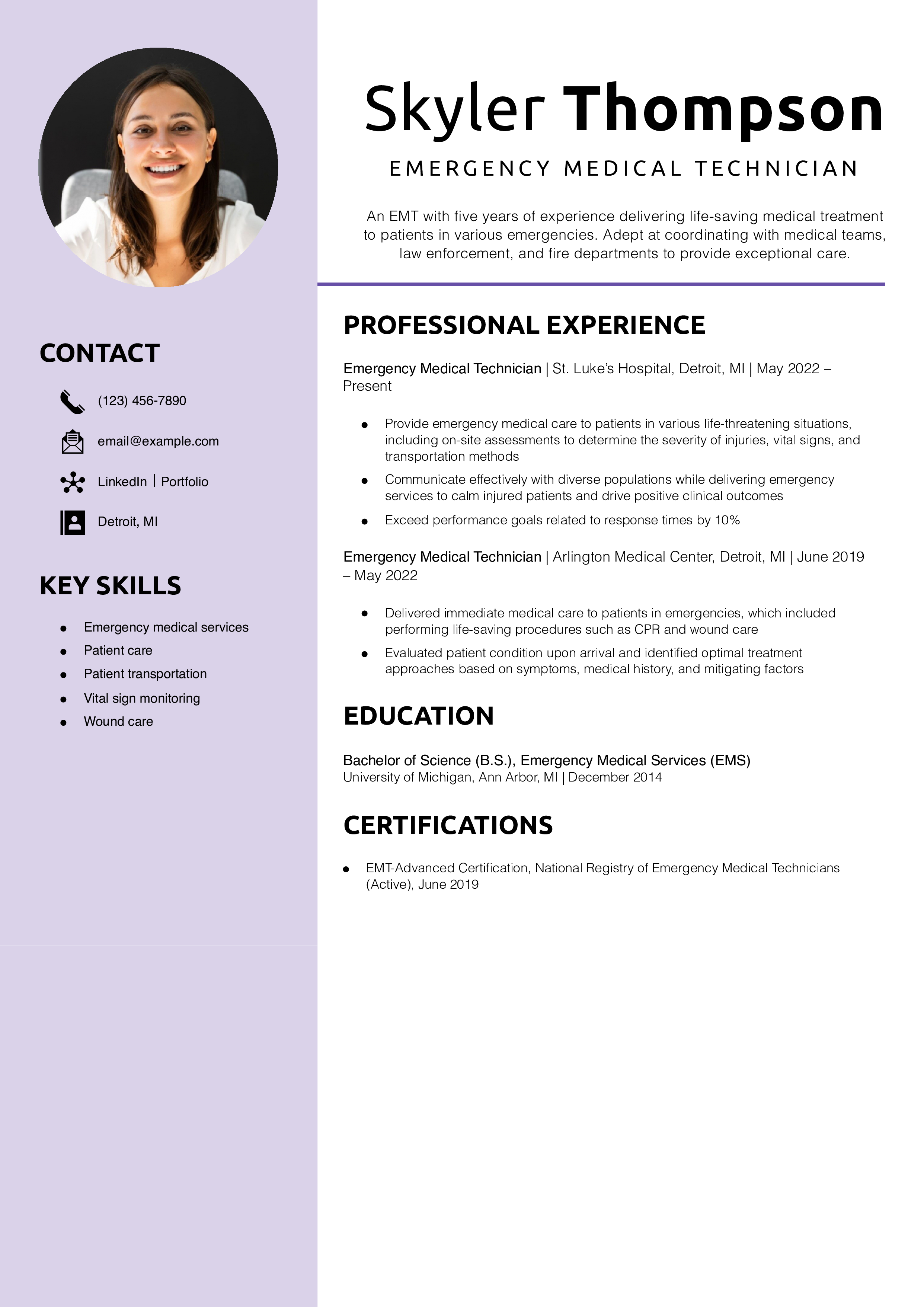 Emergency Medical Technician Resume Example