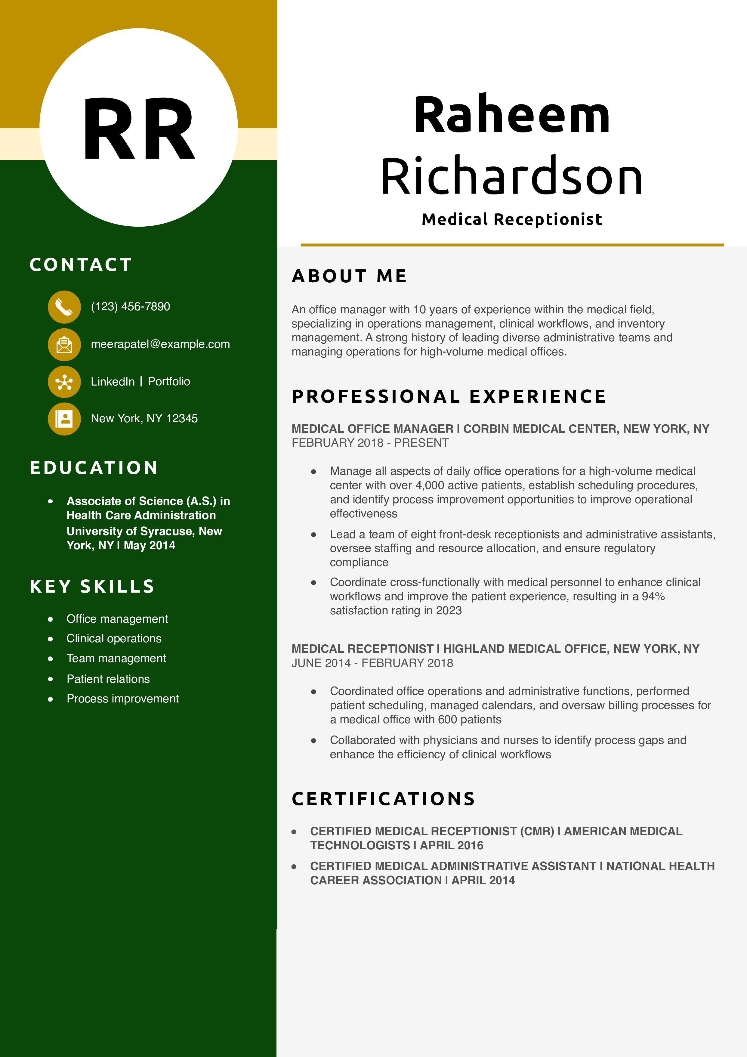 Medical Receptionist Resume Example