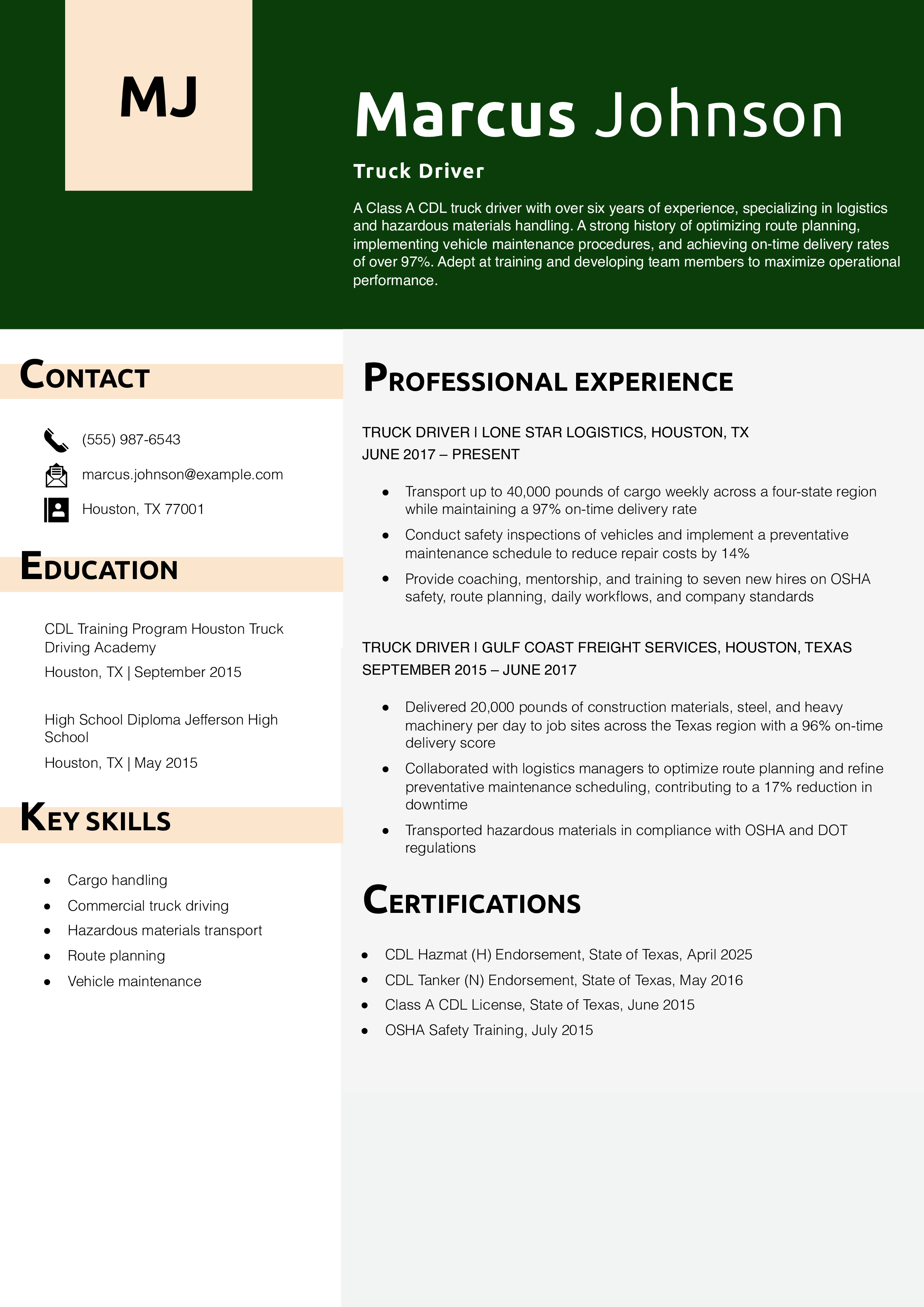Truck Driver Resume Example