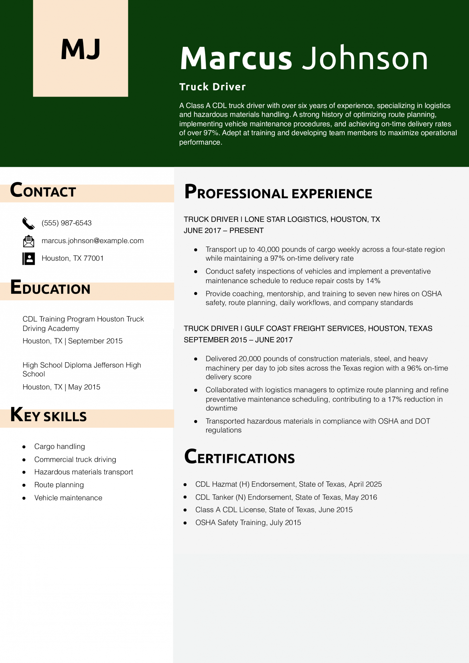 Truck Driver Resume Example