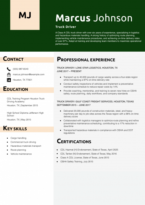 Truck Driver Resume Example