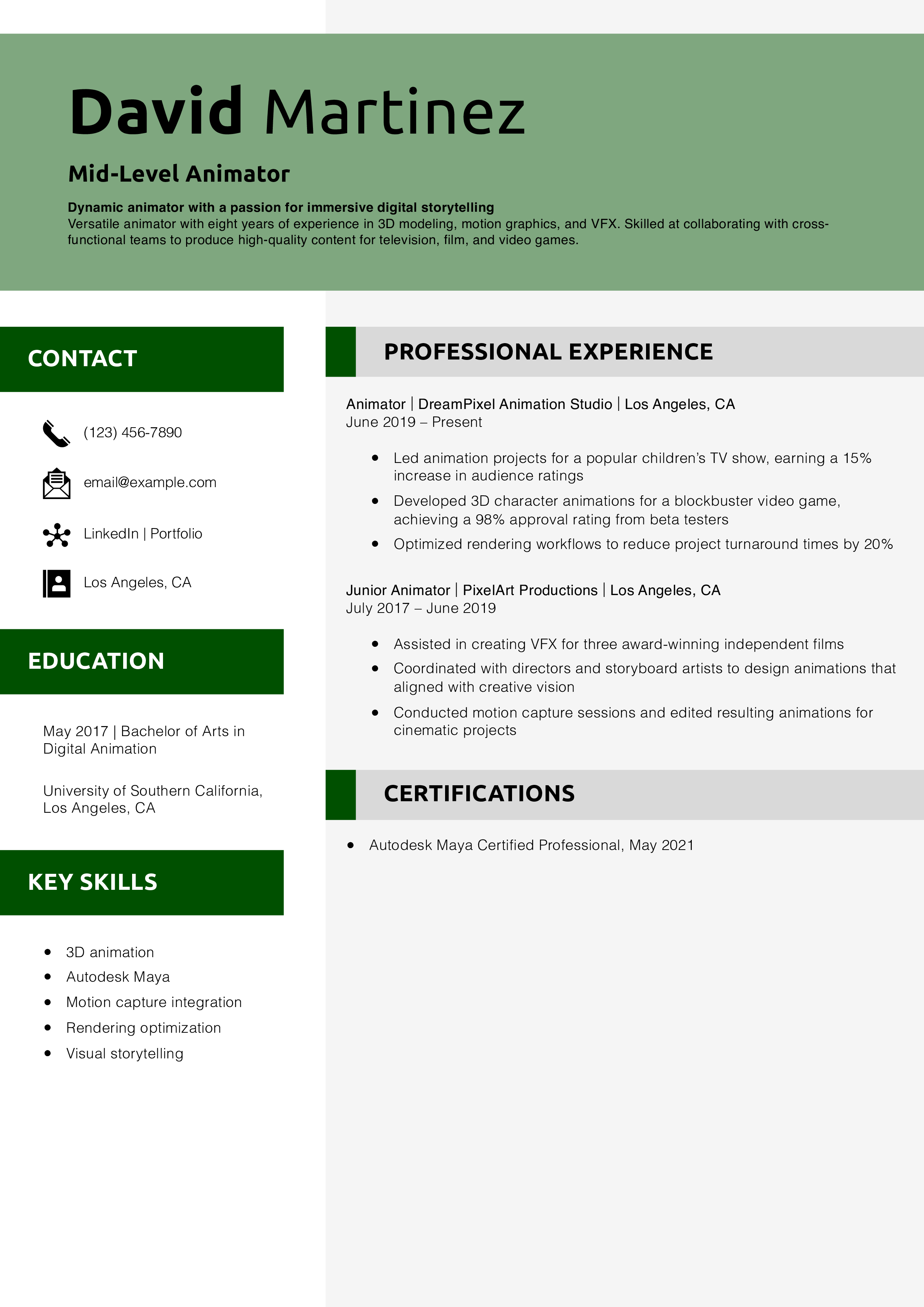 Mid-Level Animator Resume Example