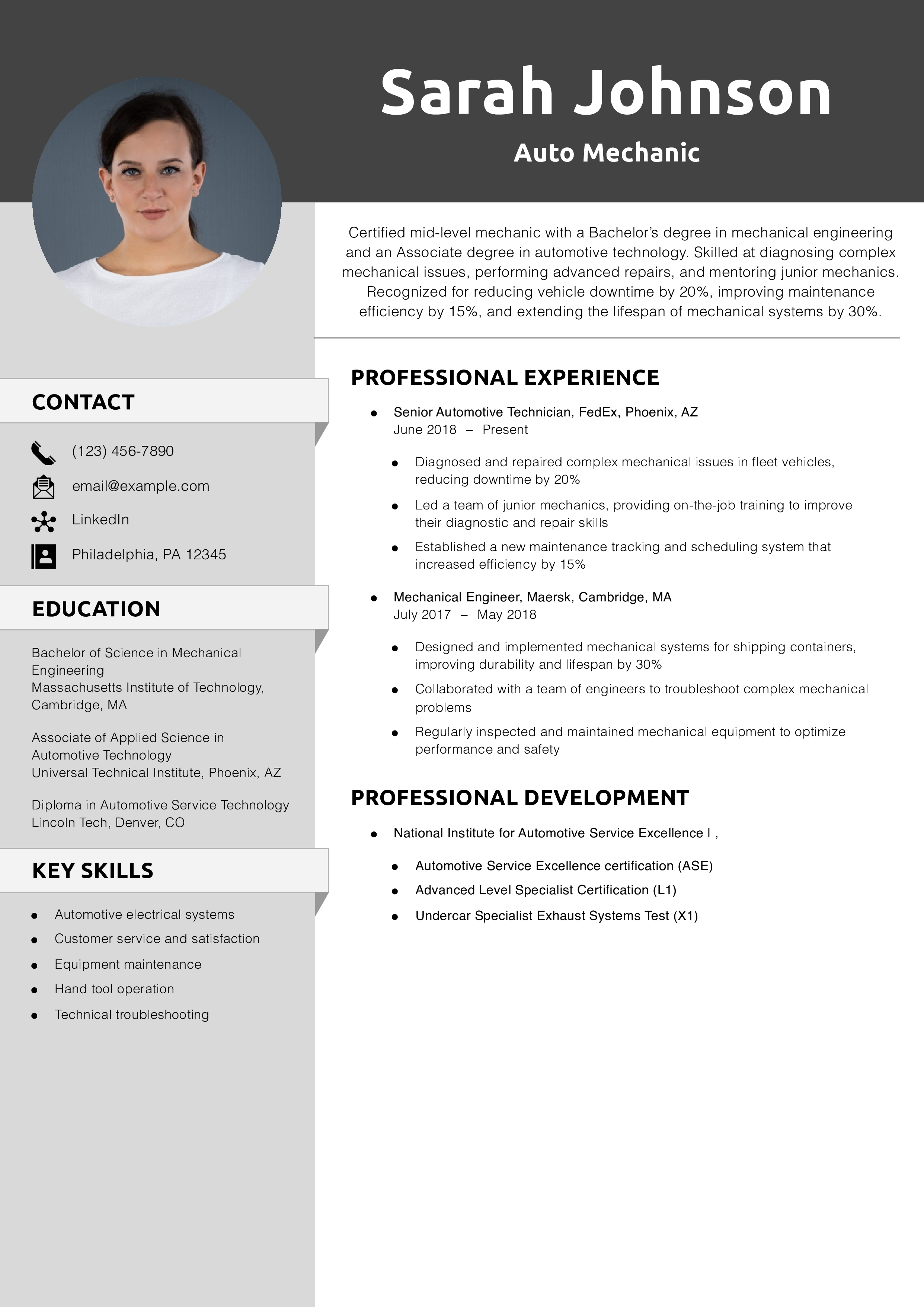 Auto Mechanic Resume Example