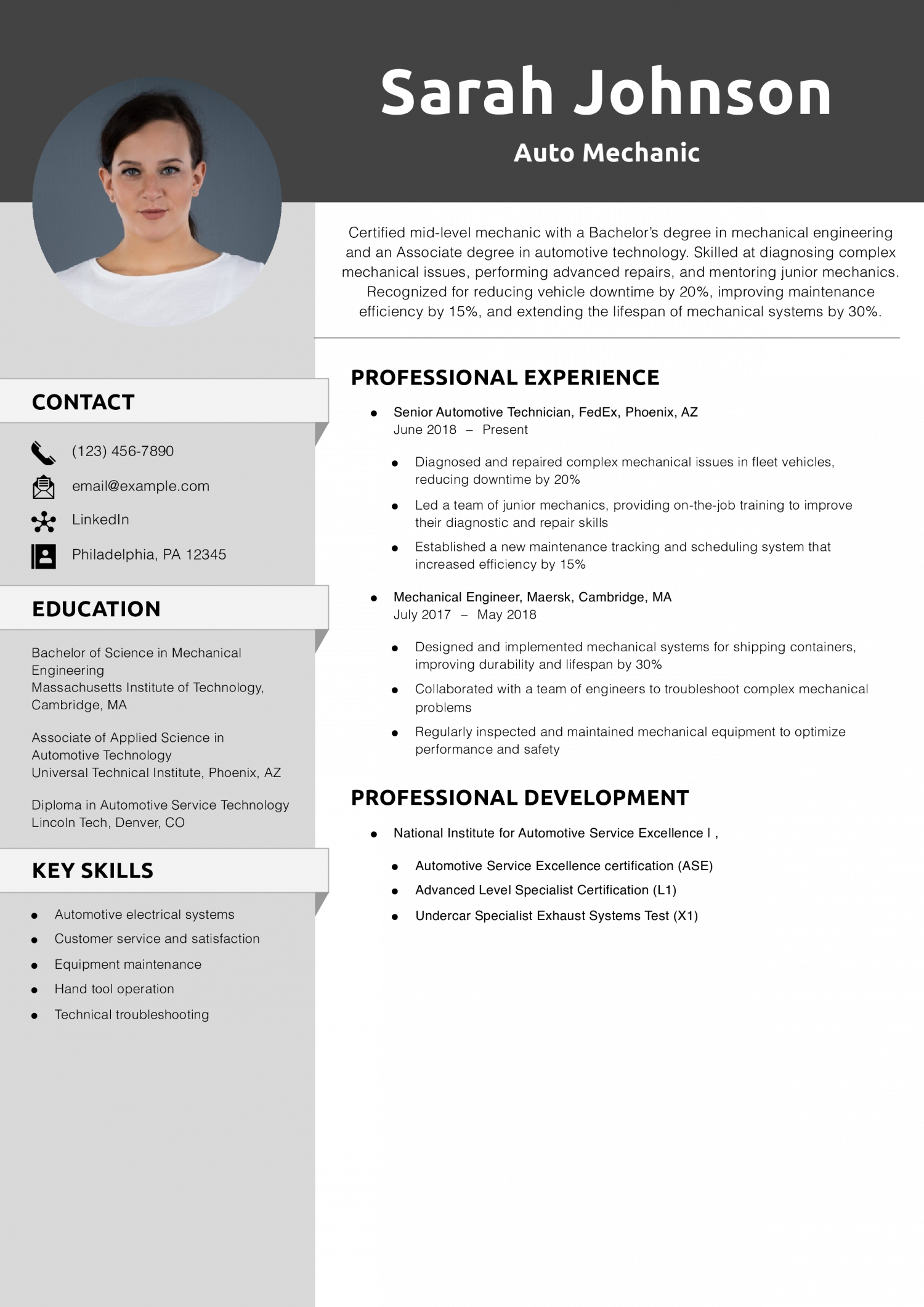 Auto Mechanic Resume Example