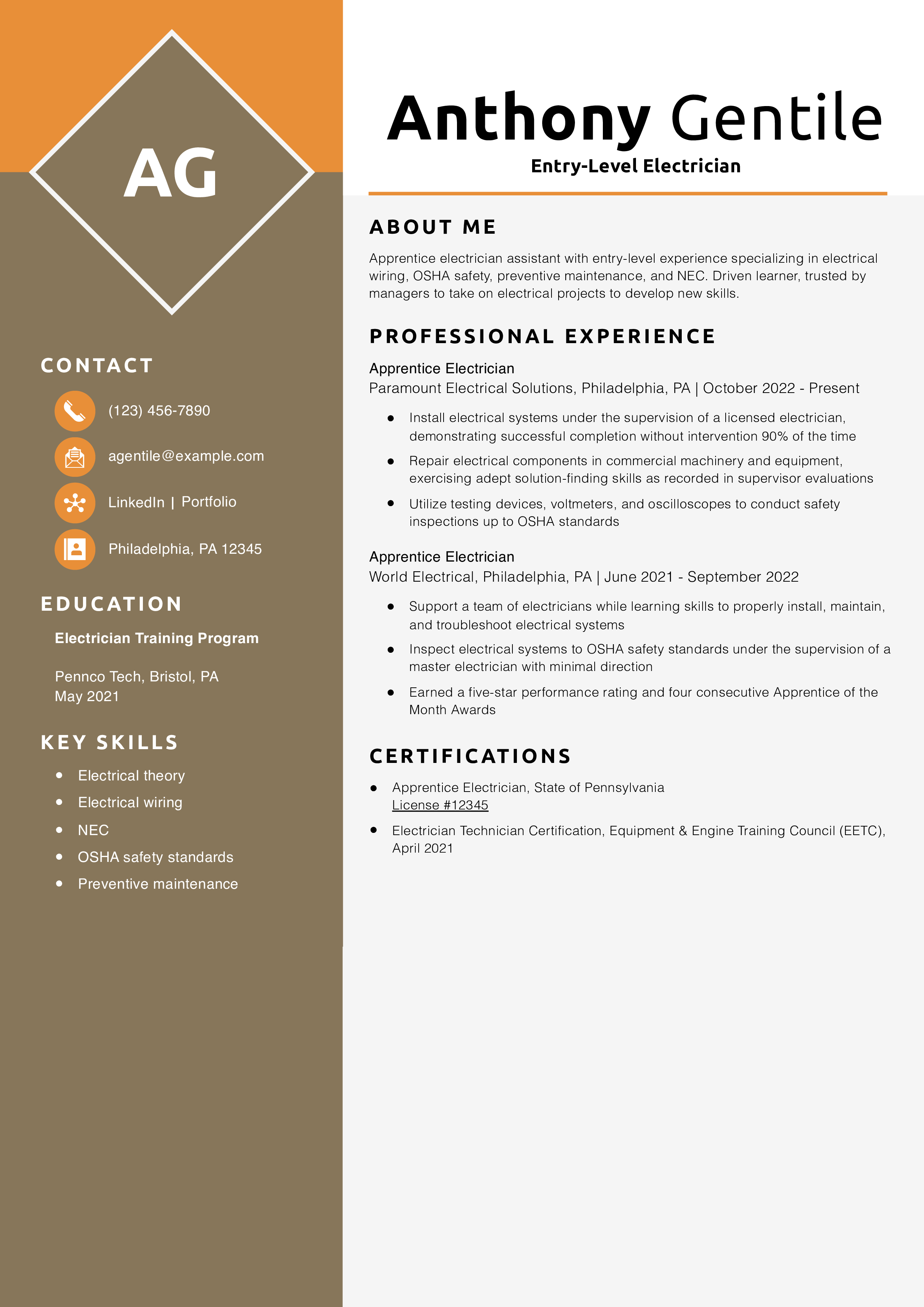 Entry-Level Electrician Resume Example