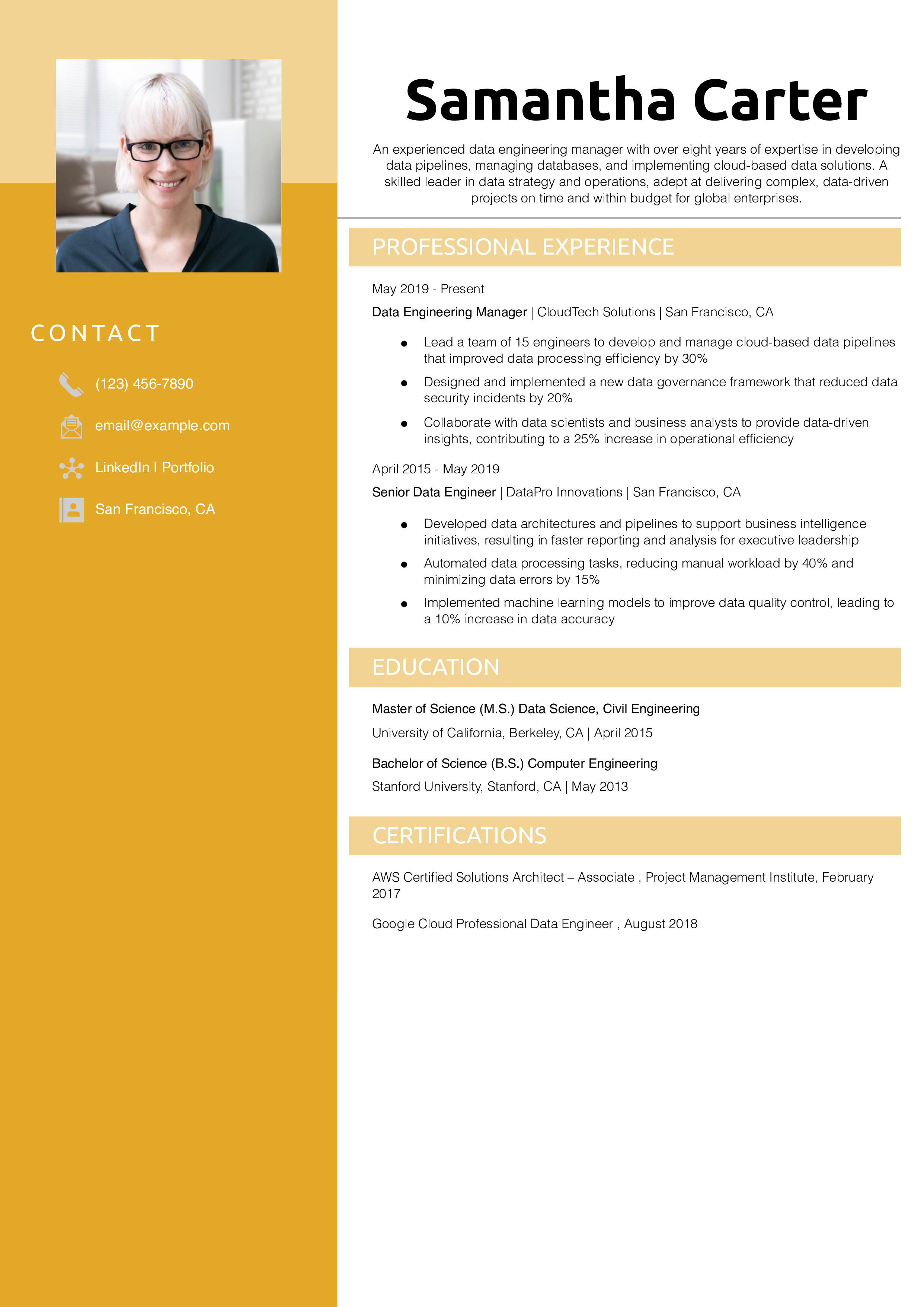 Data Engineer Manager Resume Example