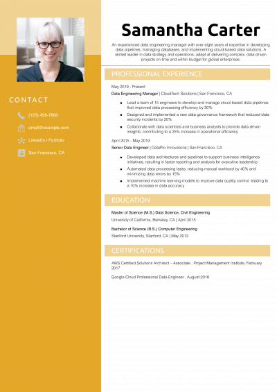 Data Engineer Manager Resume Example