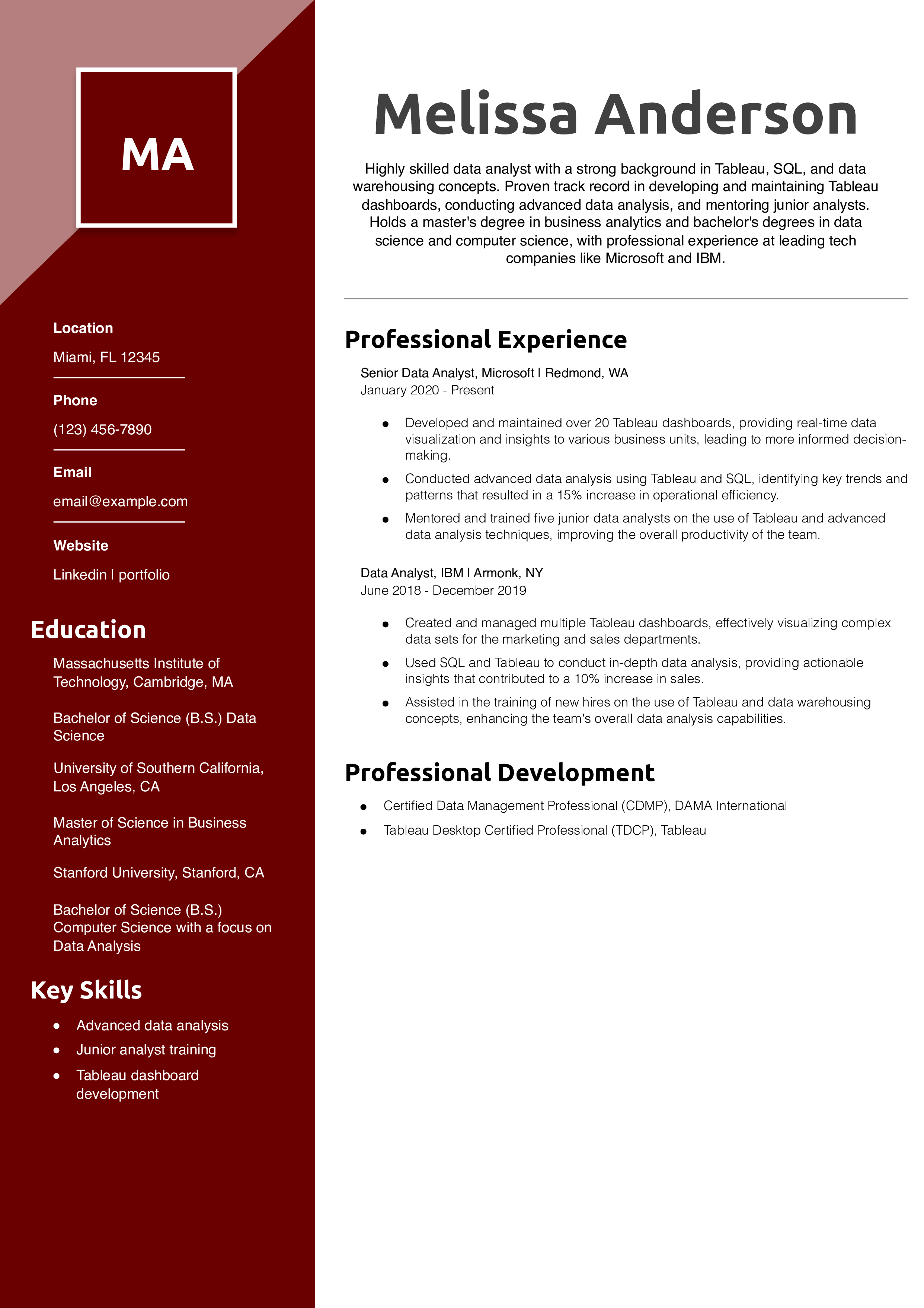 Data Analyst for Tableau Resume Example