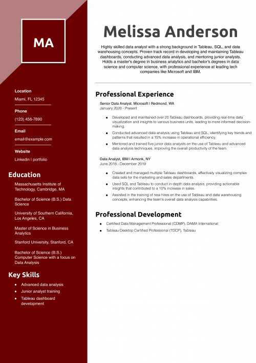 Data Analyst for Tableau Resume Example