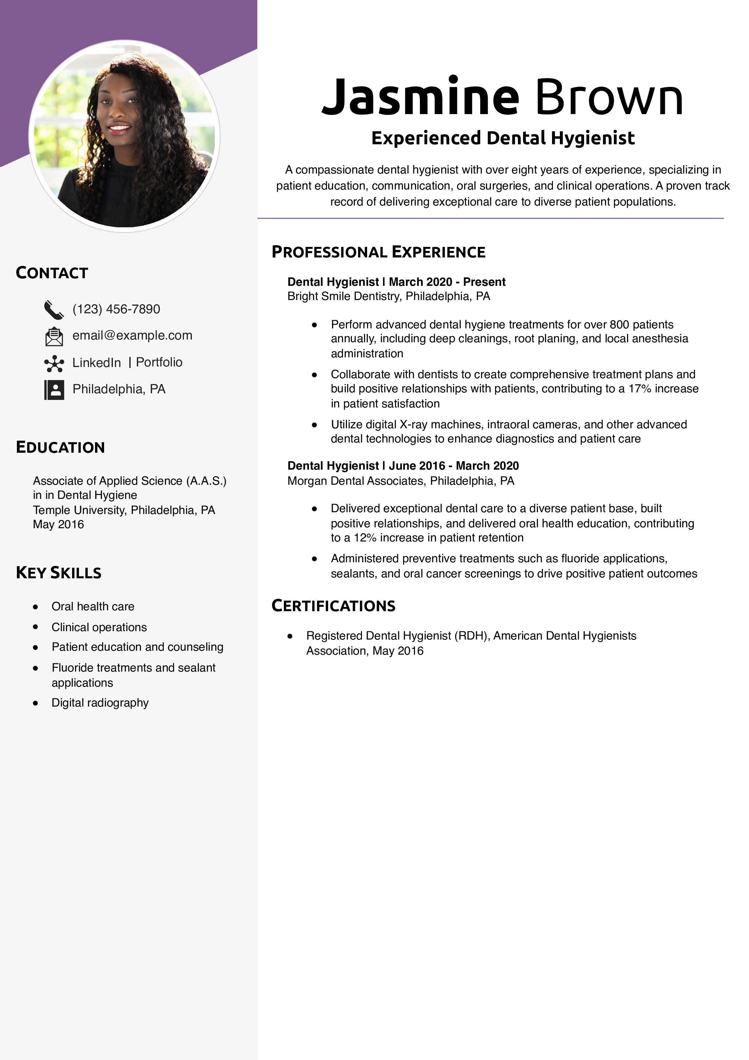 Experienced Dental Hygienist Resume Example