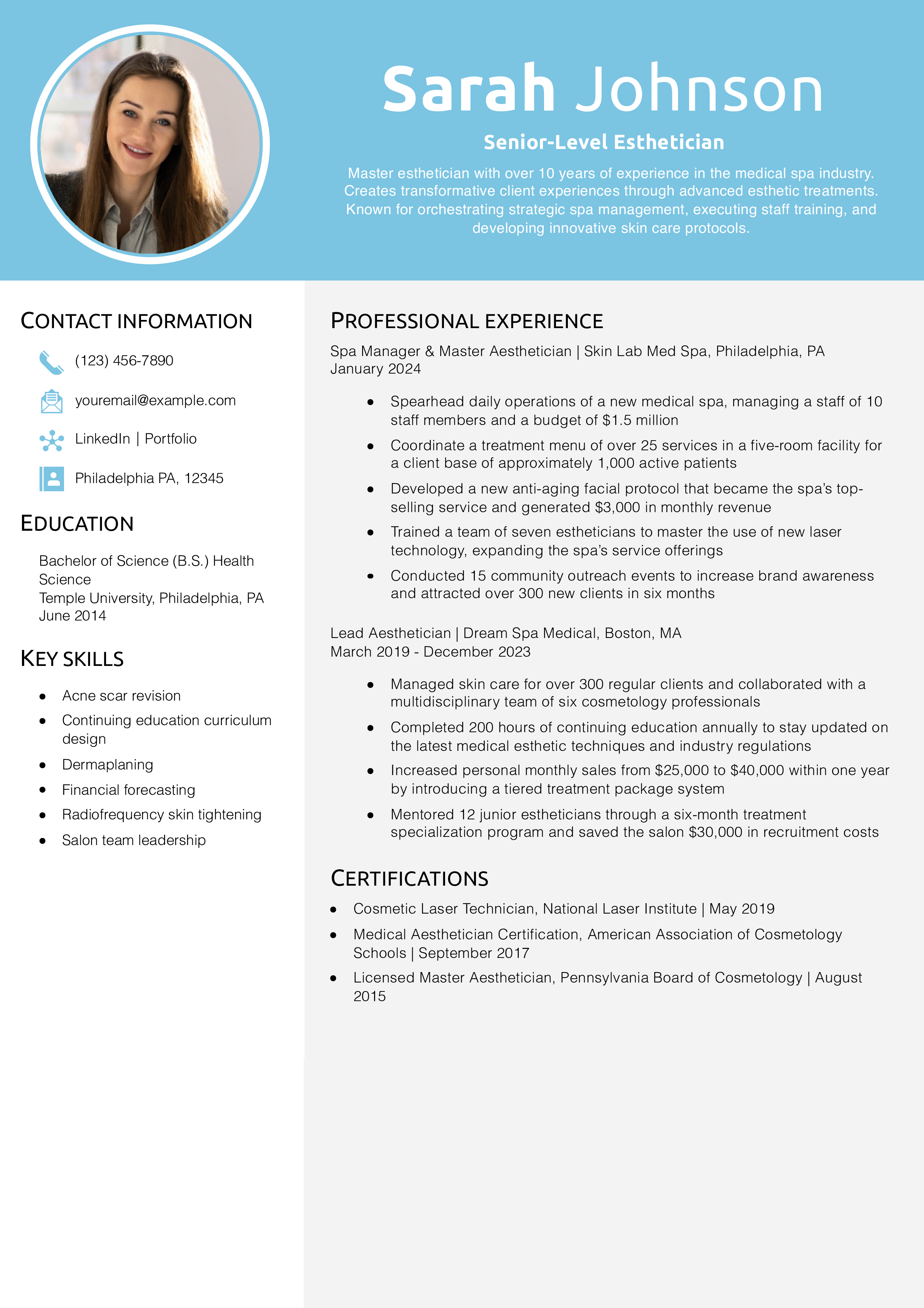 Senior-Level Esthetician Resume Example