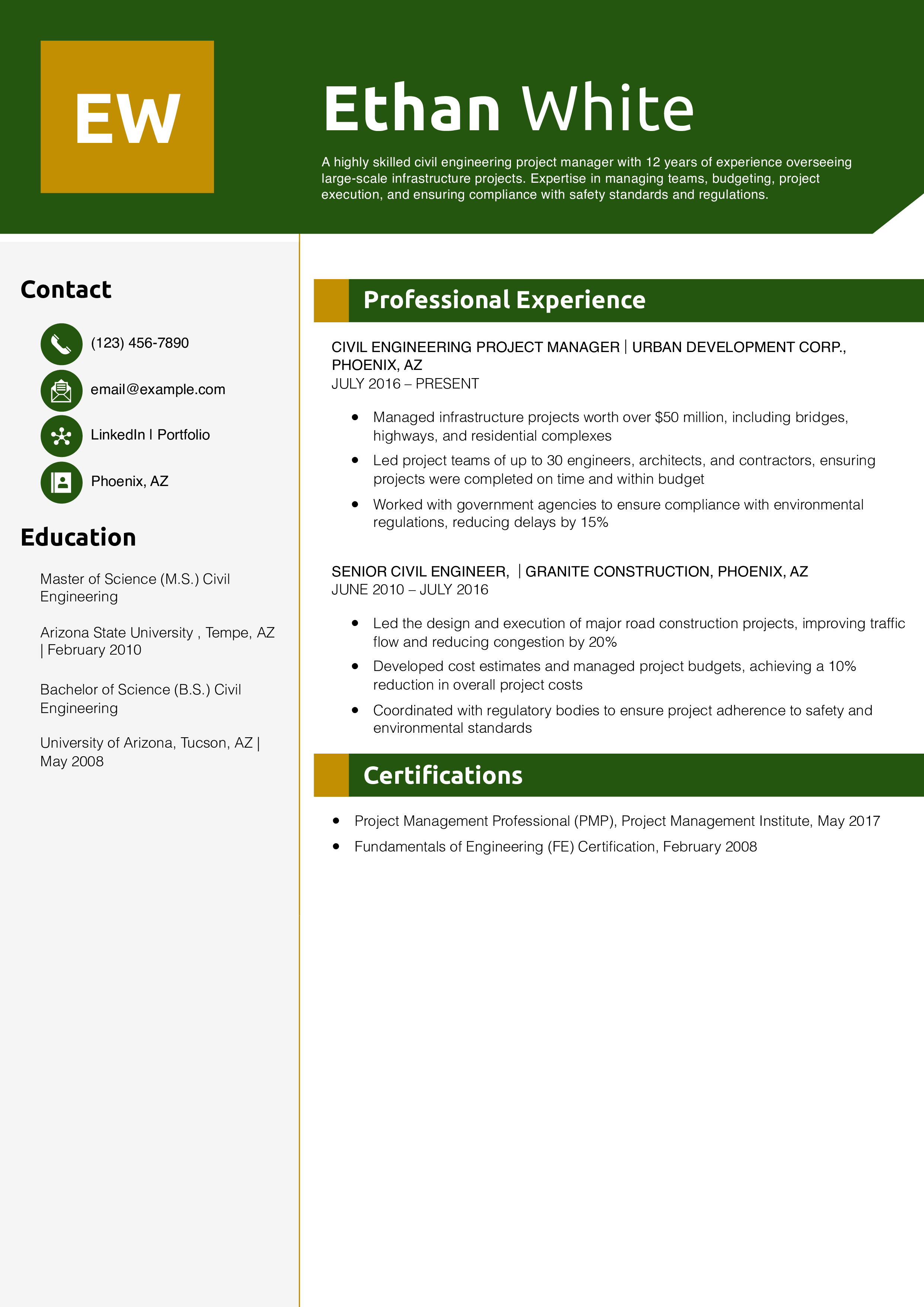 Civil Engineering Project Manager Resume Example
