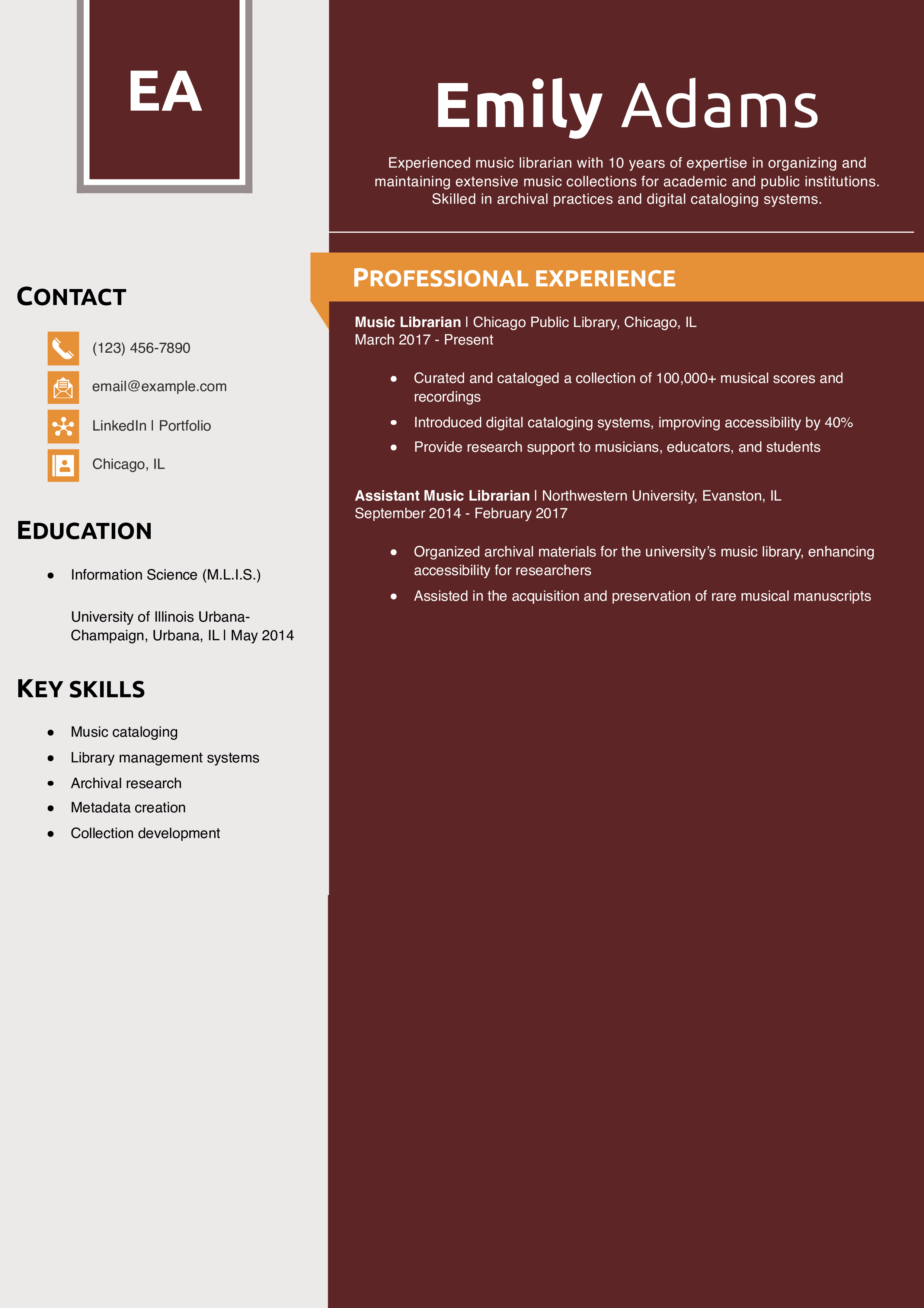 Music librarian resume