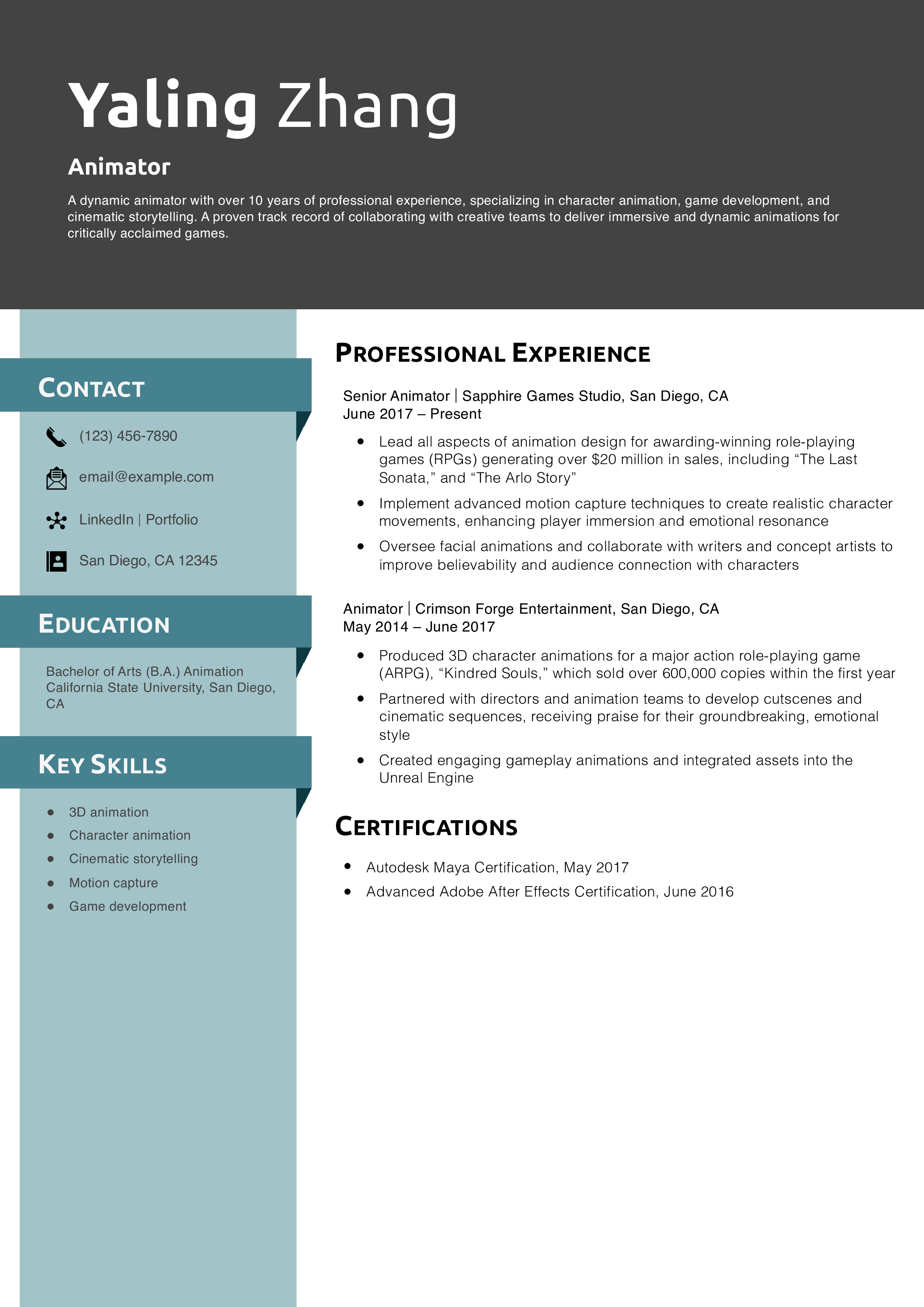 Animator Resume Example