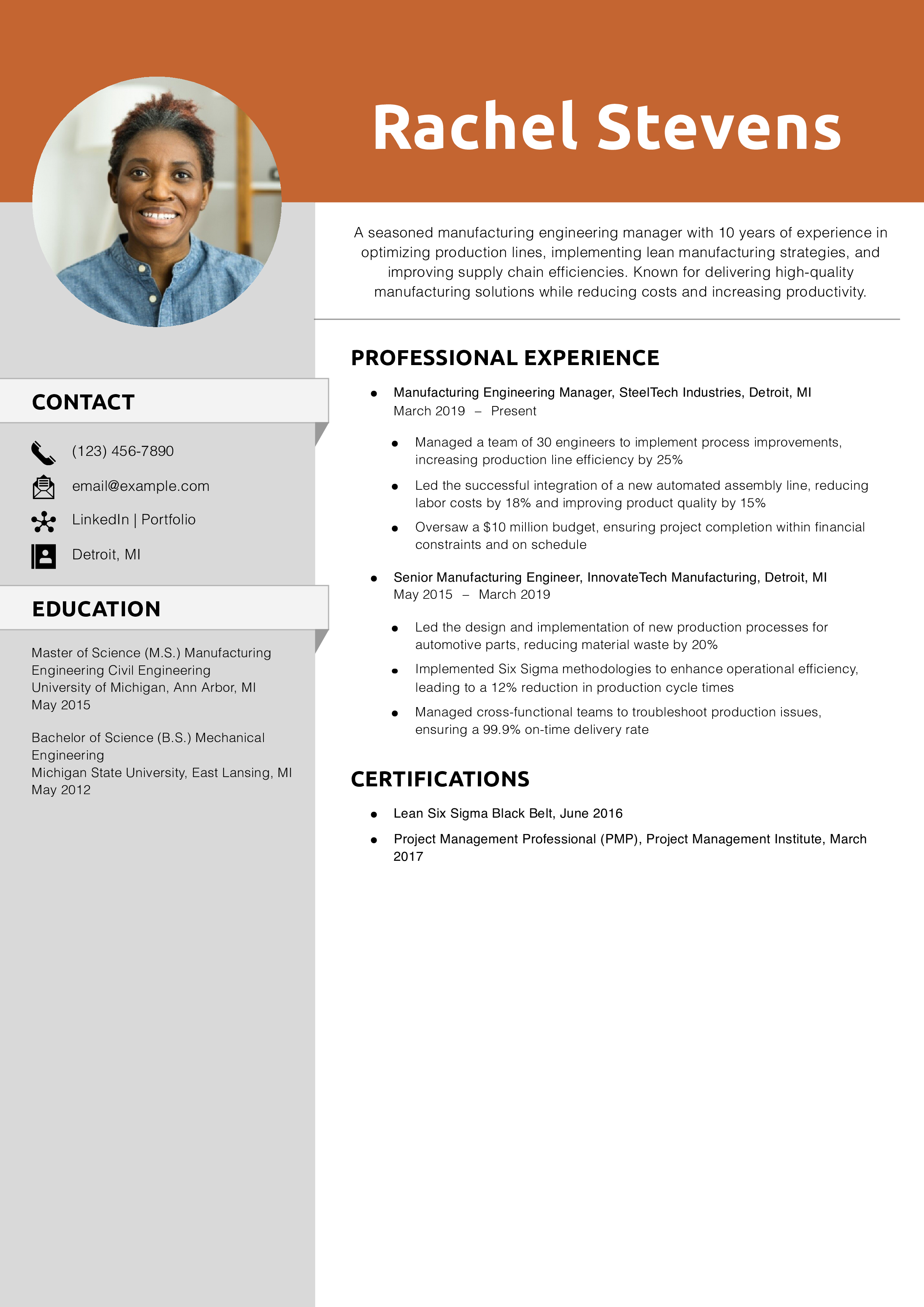 Manufacturing Engineering Manager Resume Example