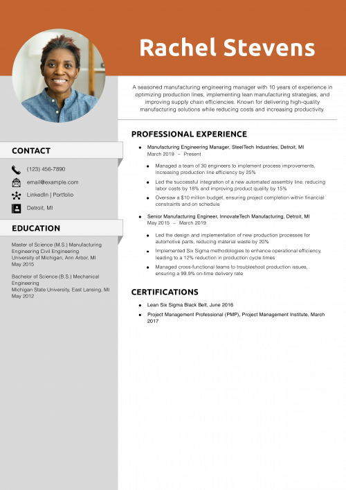 Manufacturing Engineering Manager Resume Example