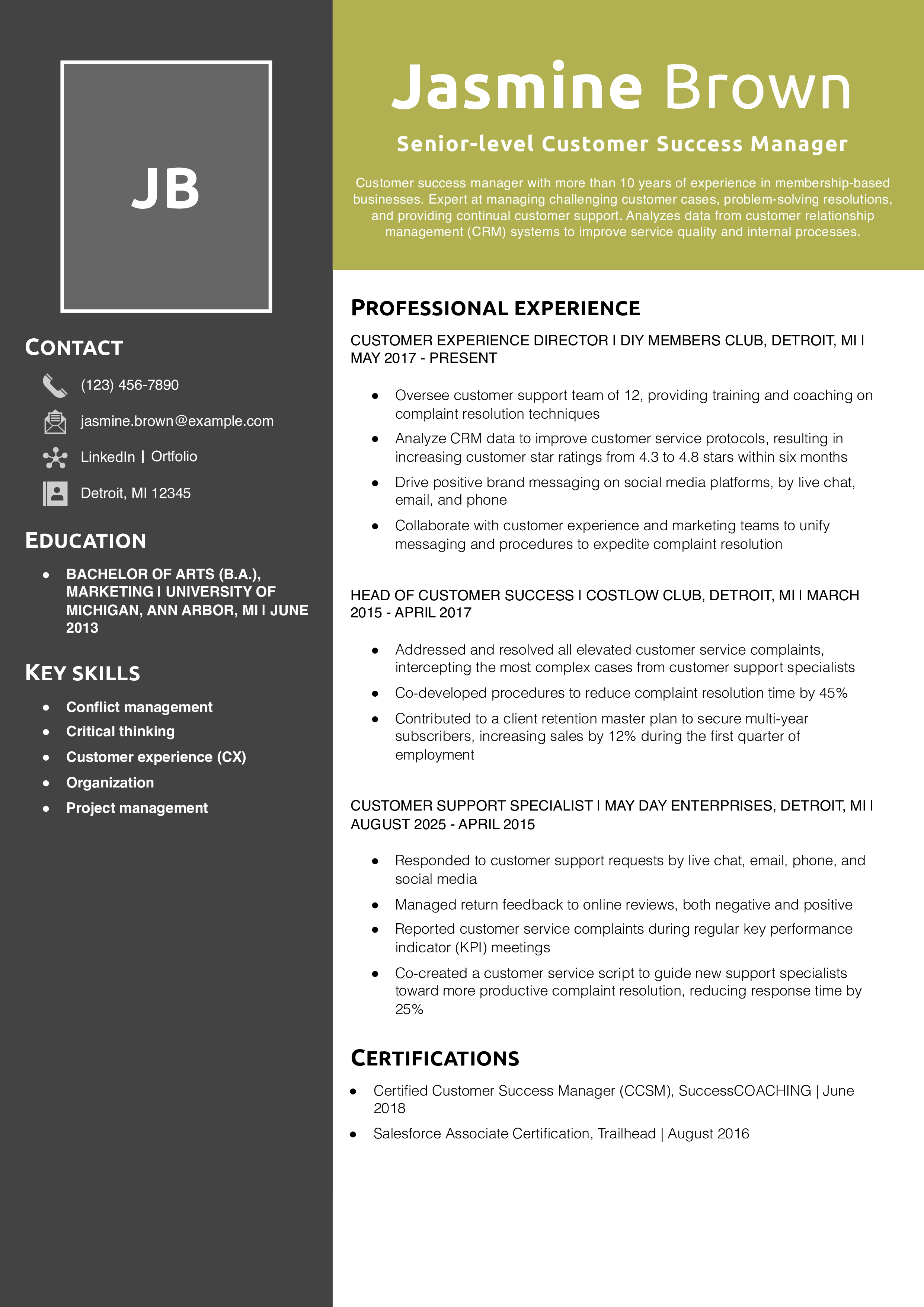 Senior-level Customer Success Manager Resume Example