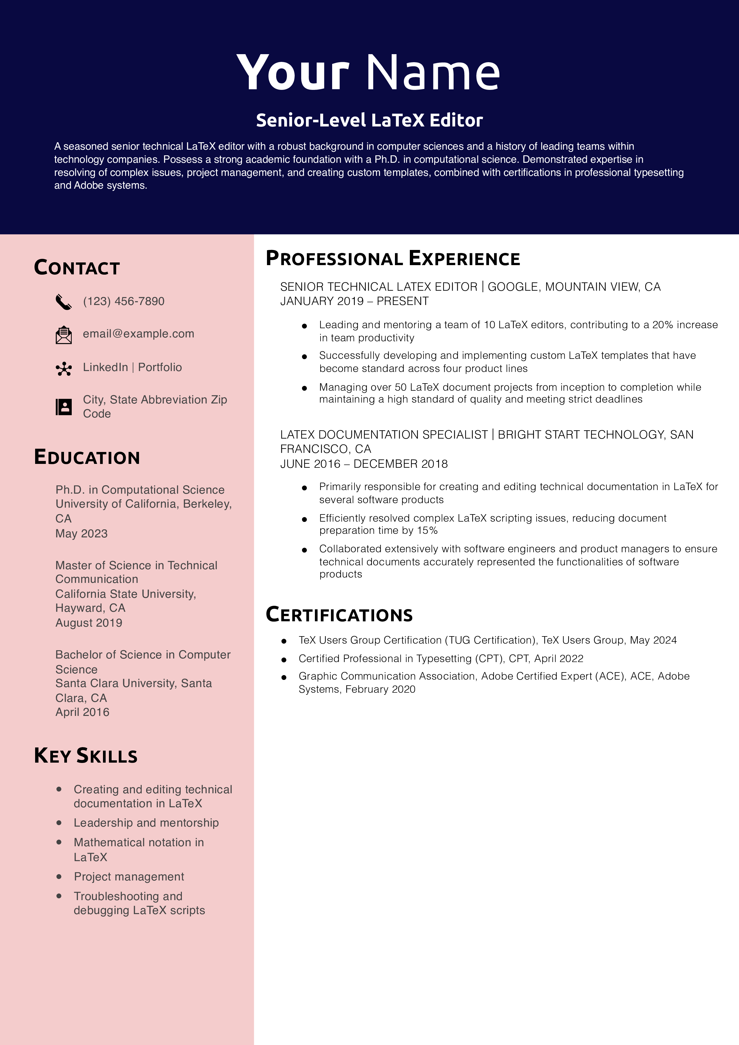 Senior-Level LaTeX Editor Resume Example