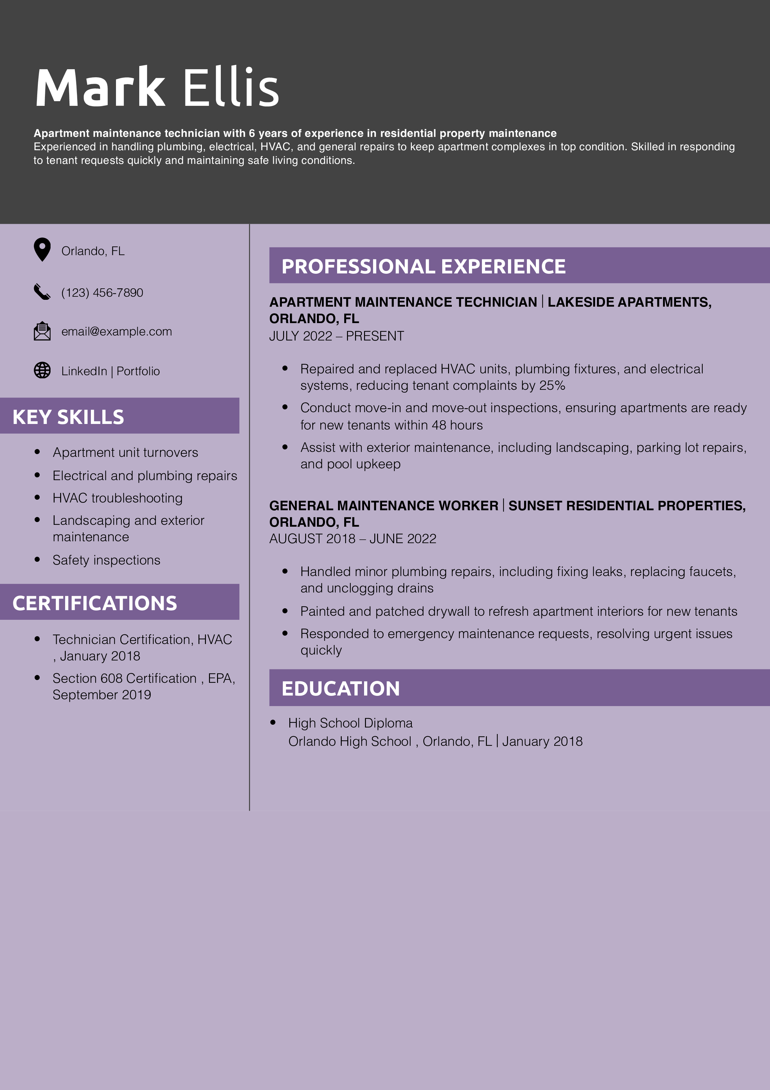 Apartment Maintenance Technician Resume Example
