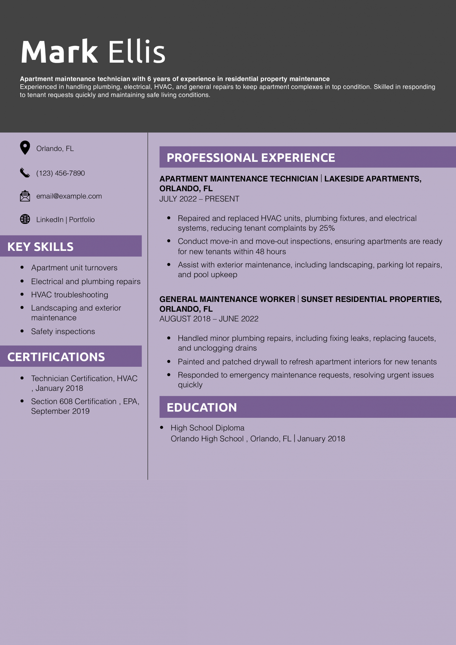 Apartment Maintenance Technician Resume Example