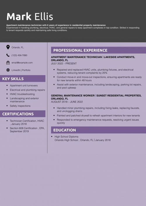 Apartment Maintenance Technician Resume Example