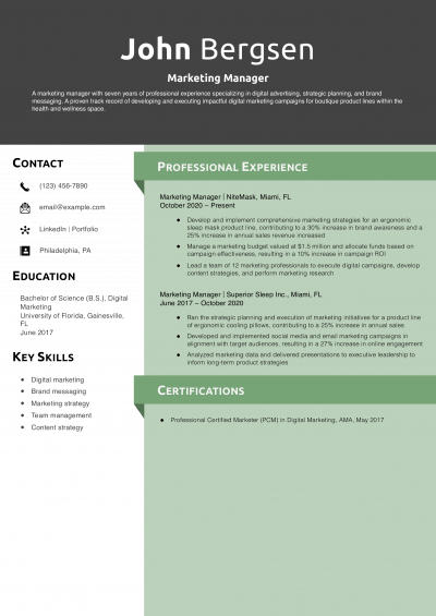 Marketing Manager Resume Example
