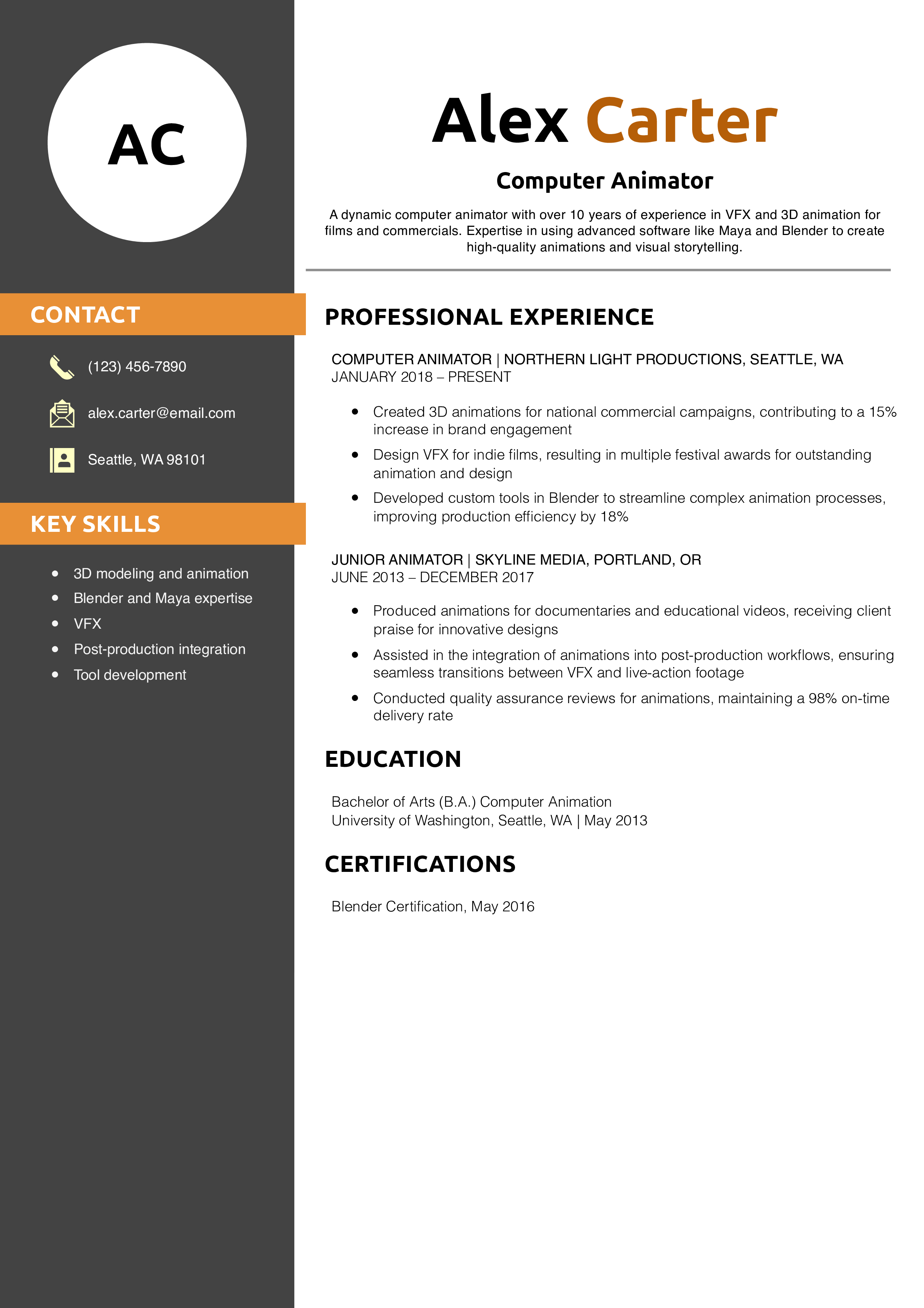 Computer Animator Resume Example