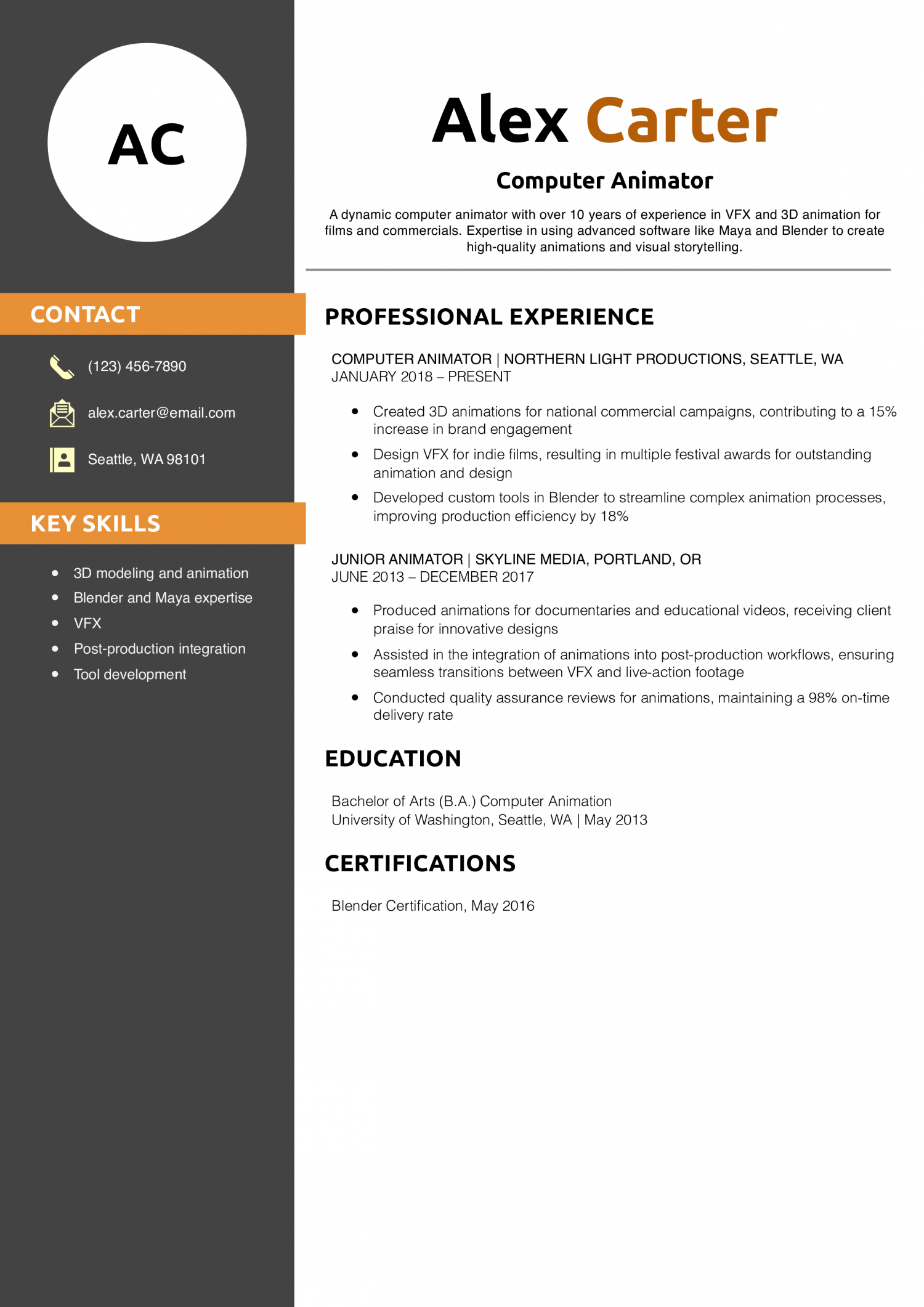 Computer Animator Resume Example