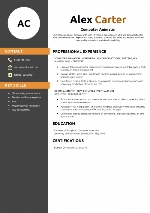 Computer Animator Resume Example