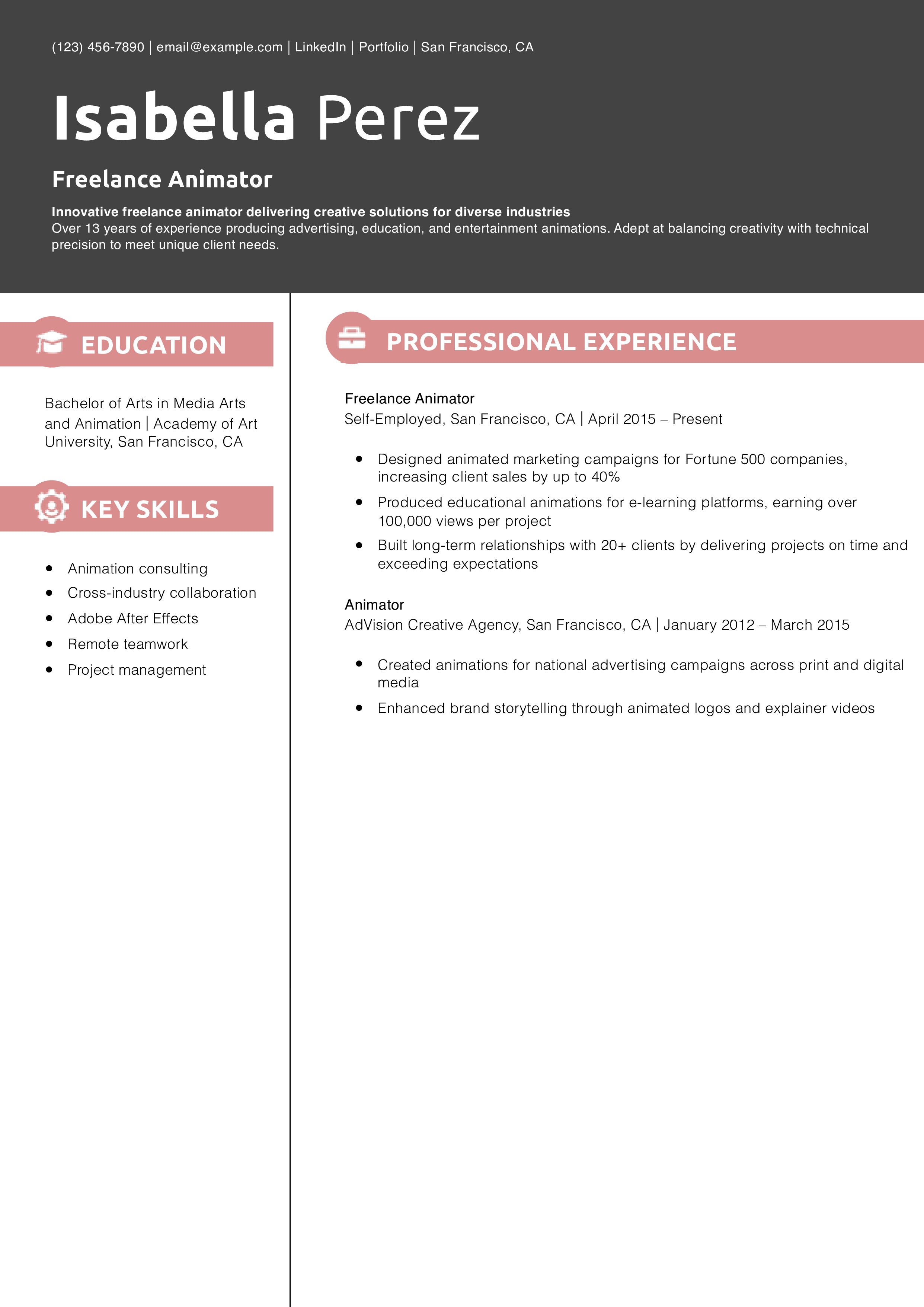 Freelance Animator Resume Example