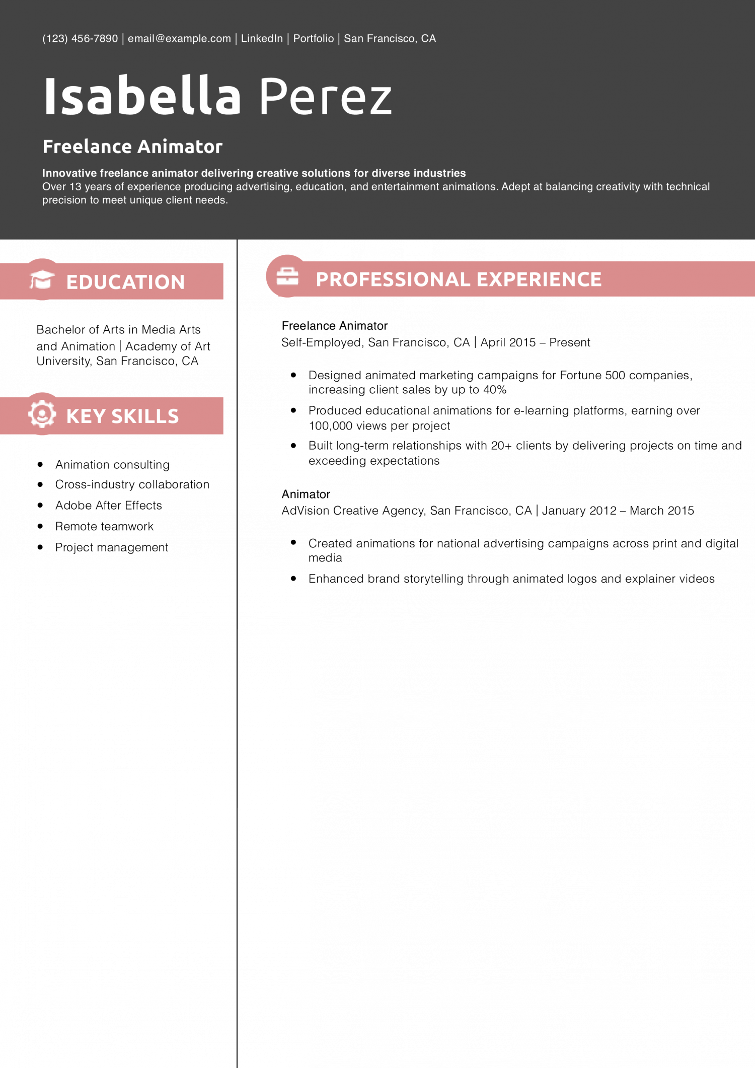 Freelance Animator Resume Example