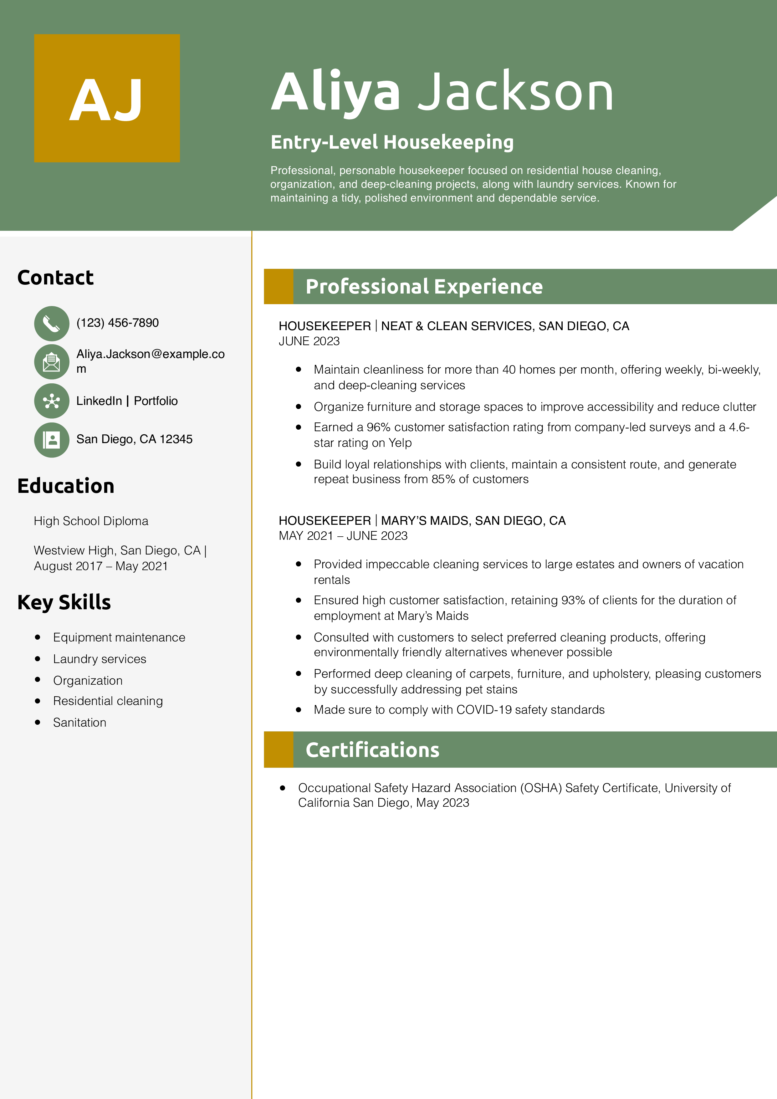 Entry-Level Housekeeping Resume Example