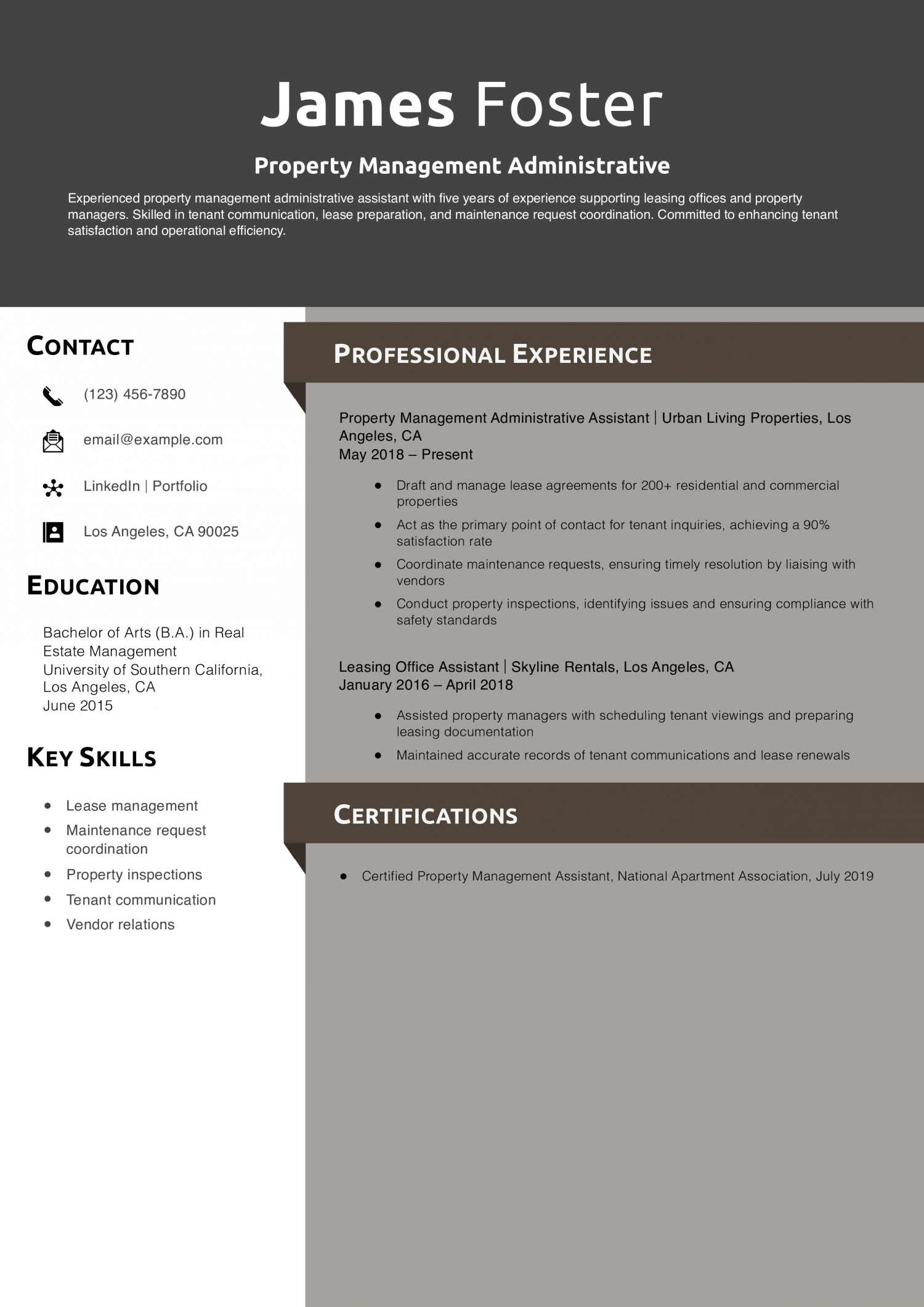 Property Management Administrative Resume Example