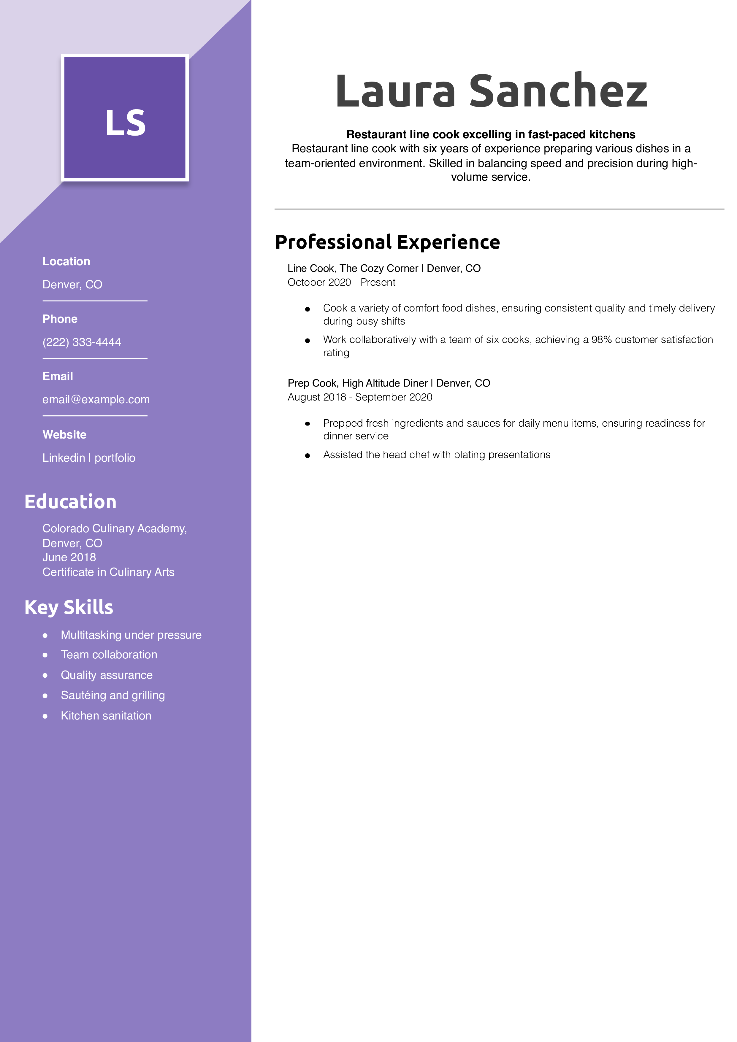 Restaurant line cook resume