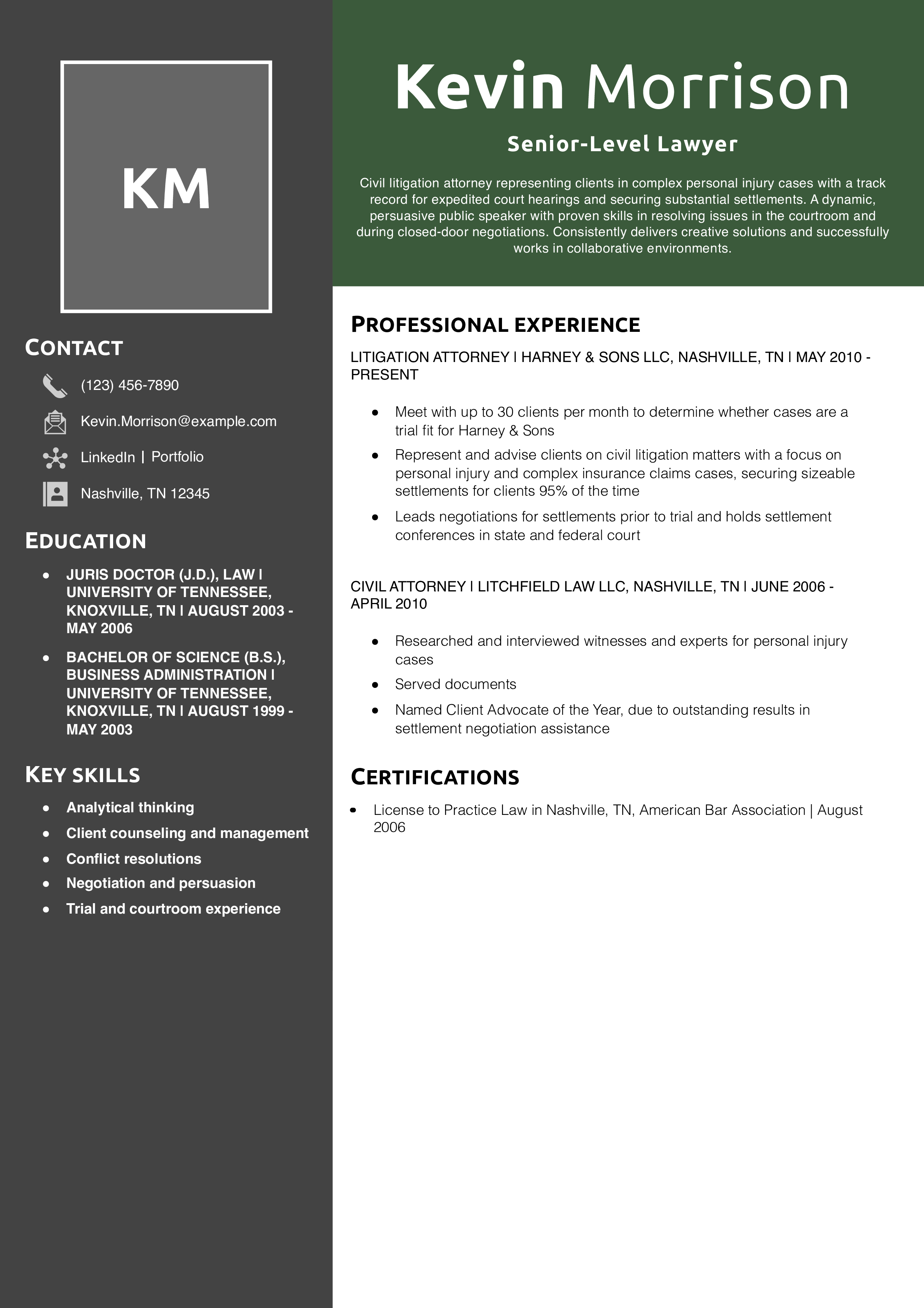 Senior-Level Lawyer Resume Example
