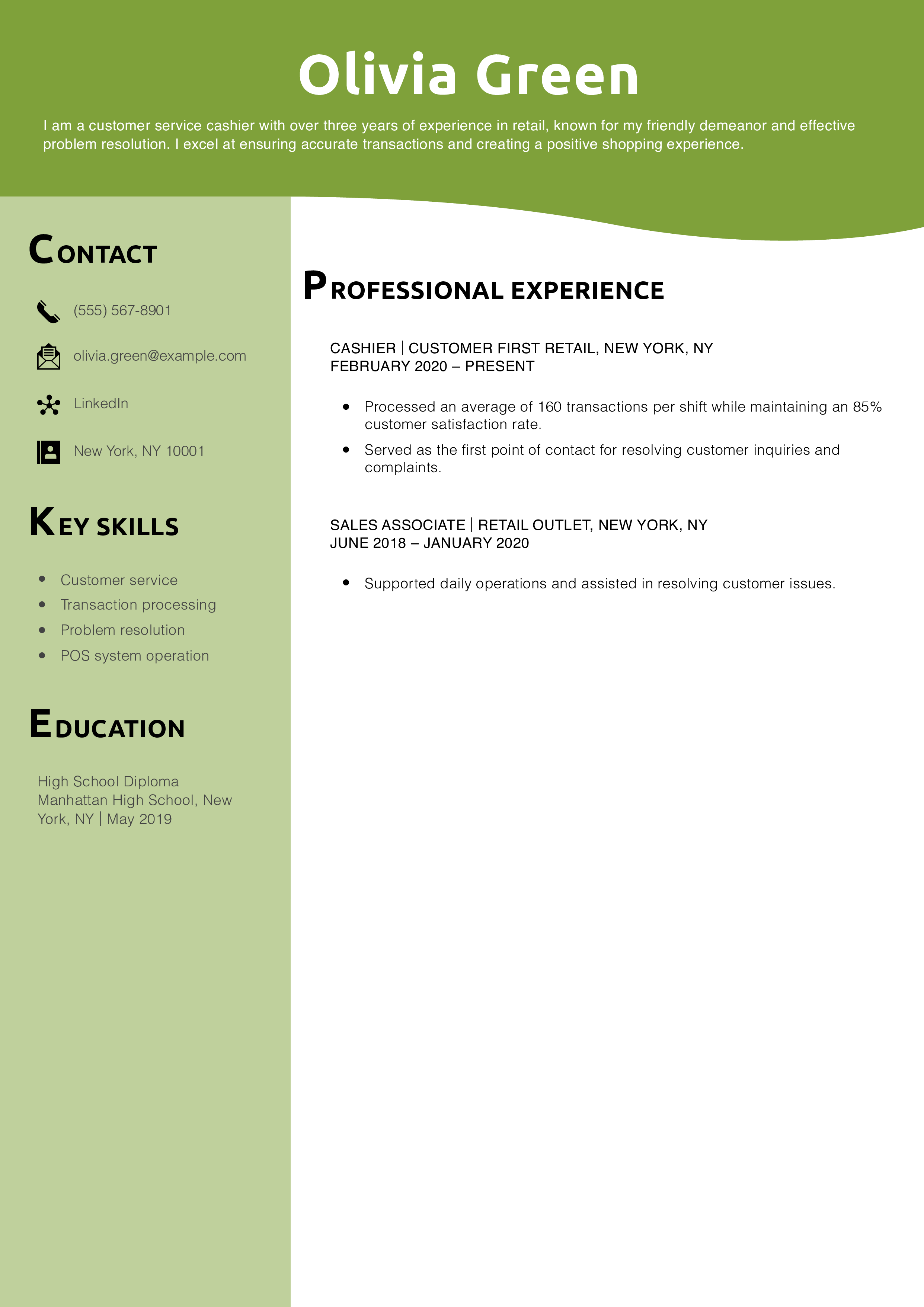 Customer Service Cashier Resume Example