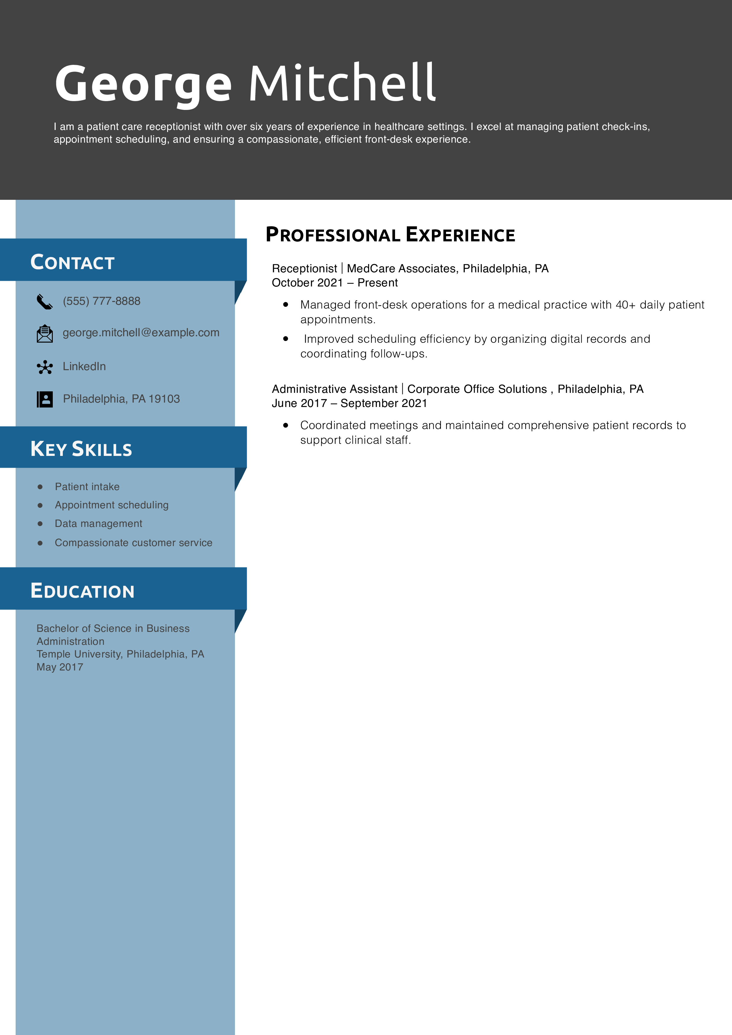 Patient Care Receptionist Resume Example