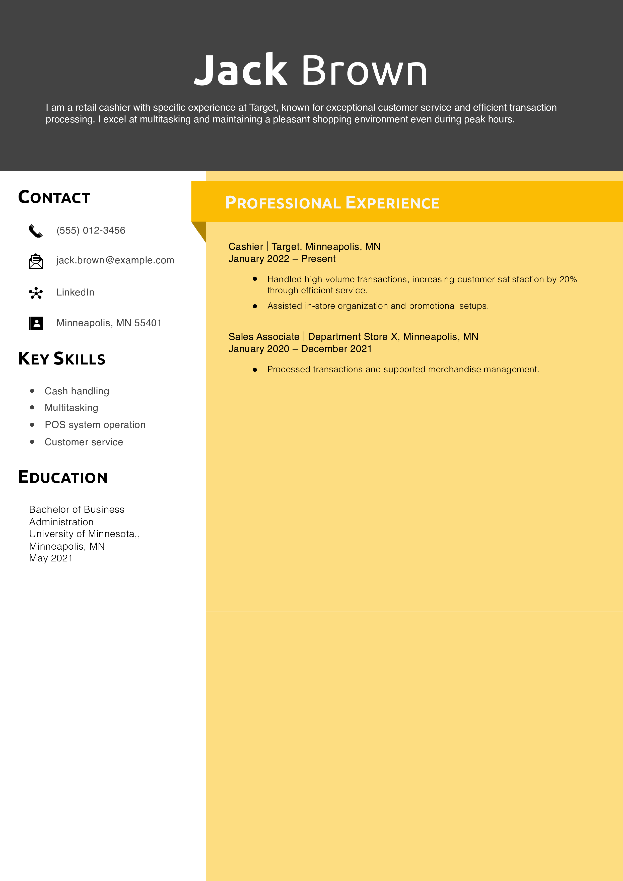 Target Retail Cashier Resume Example