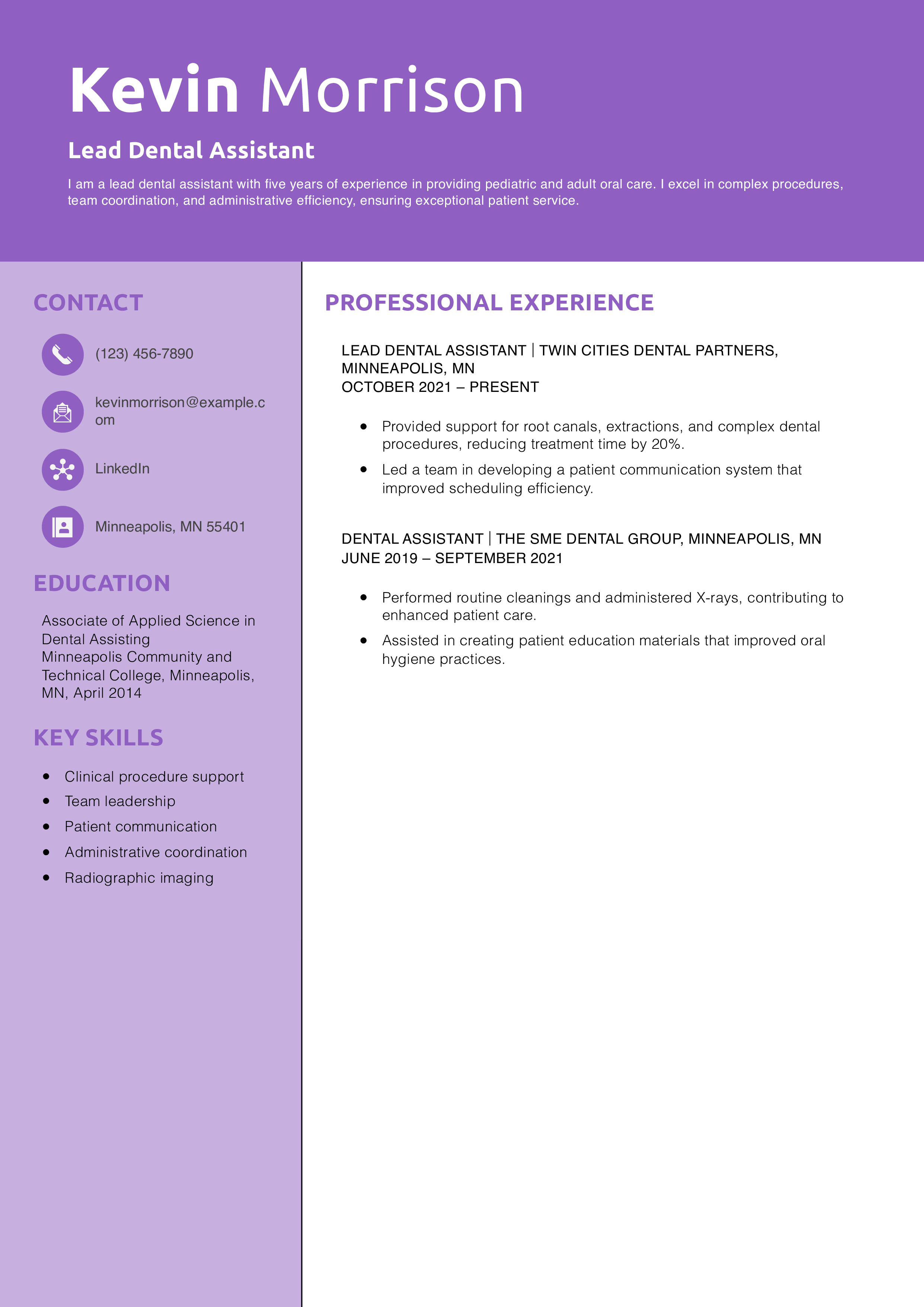 Lead Dental Assistant Resume Example