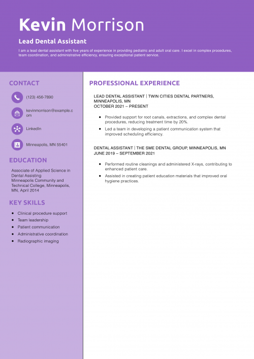 Lead Dental Assistant Resume Example