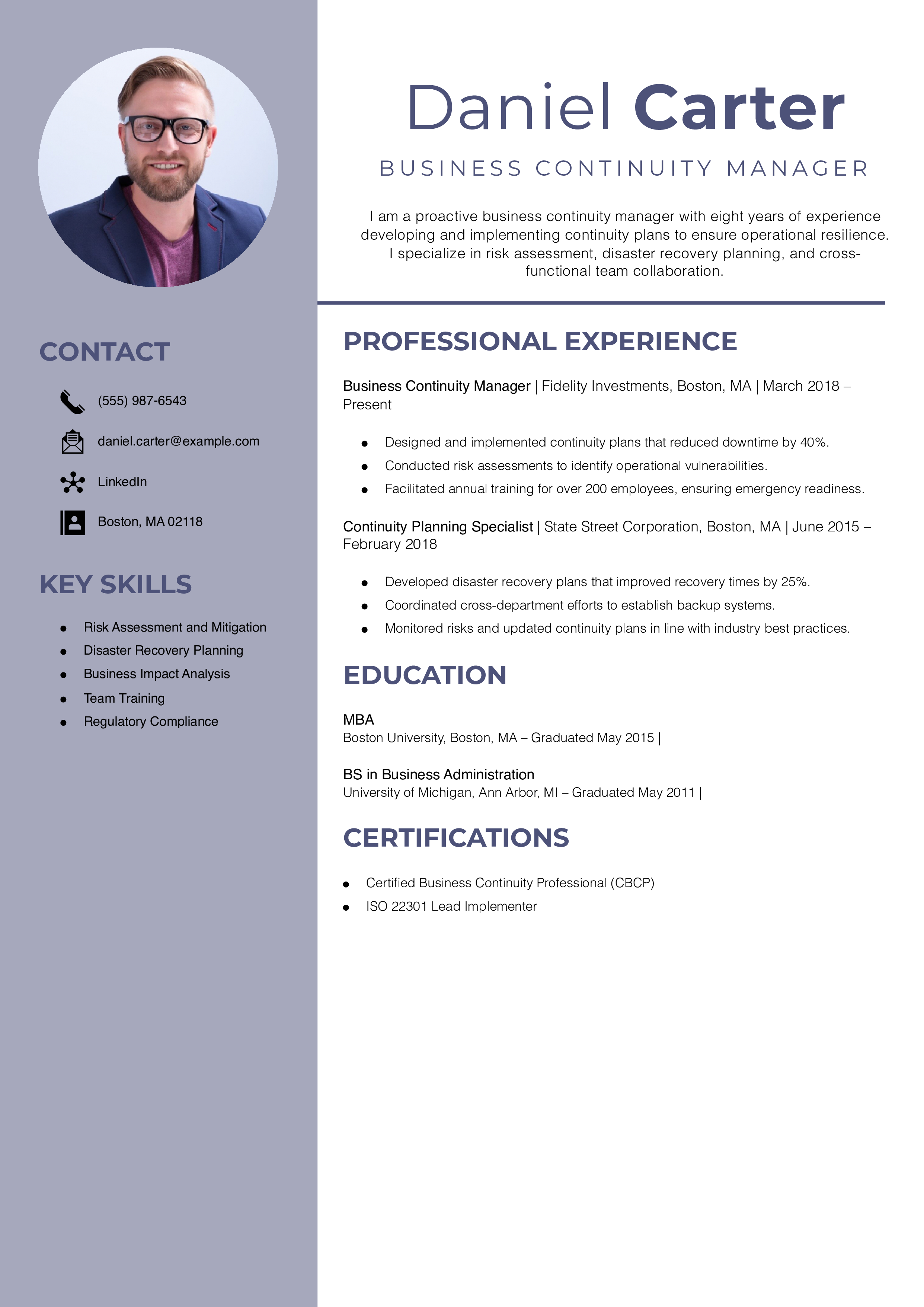 Business Continuity Manager Resume Example
